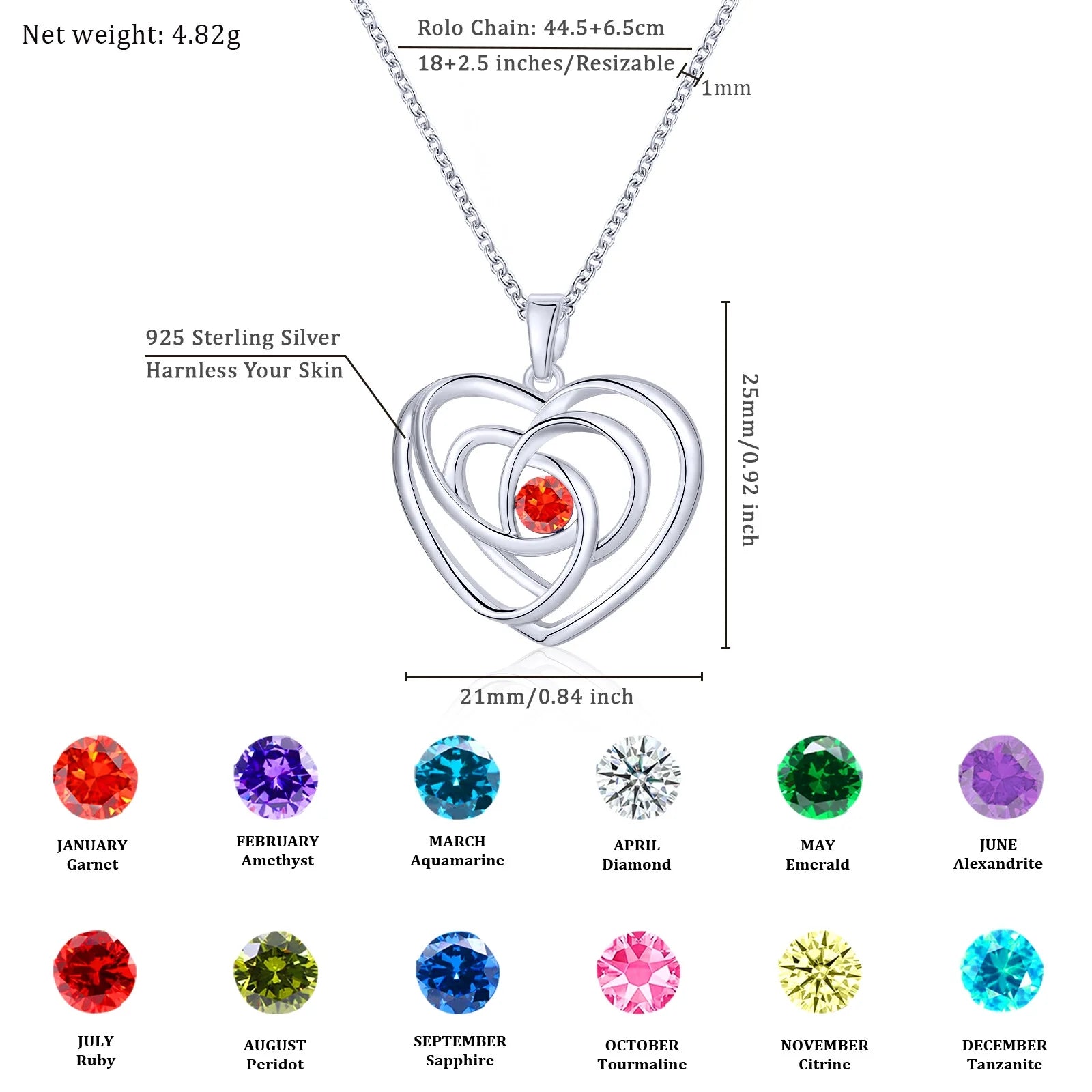 18K White Gold Plated Love Heart Necklace with Red Garnet Pendant – S925 Sterling Silver Birthstone Jewelry for Women