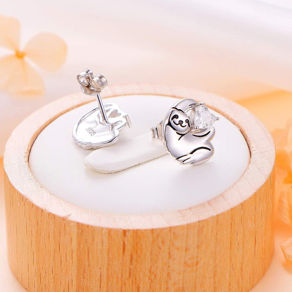 925 Sterling Silver Cute Sloth Jewelry Set – Heart Earrings, Bracelet, Ring & Pendant Necklace Gift for Women & Teens