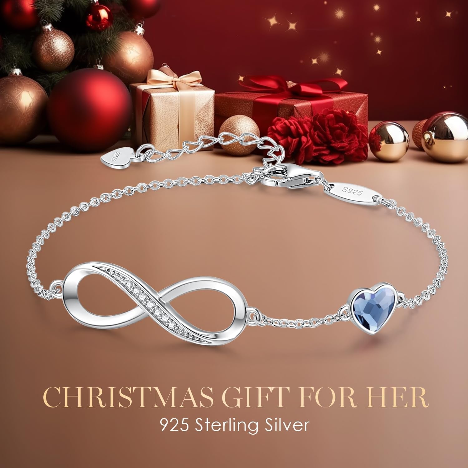 Infinity Heart Birthstone Charm Link Bracelet – 925 Sterling Silver Adjustable Jewelry Gift for Women, Wife, Girlfriend