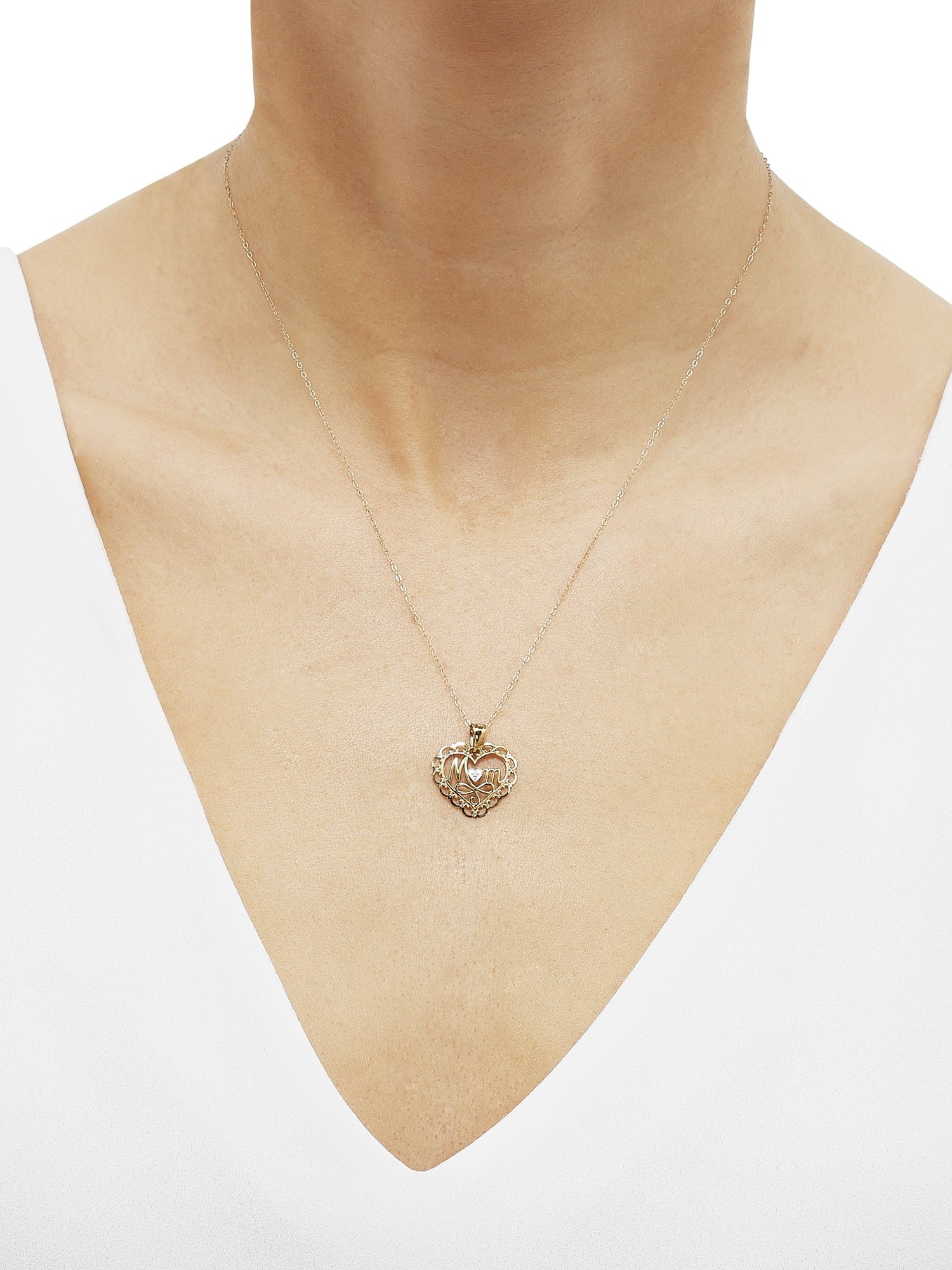 10K Yellow Gold “Mom” Heart Pendant with Rhodium Filigree – 18" Gold Filled Chain