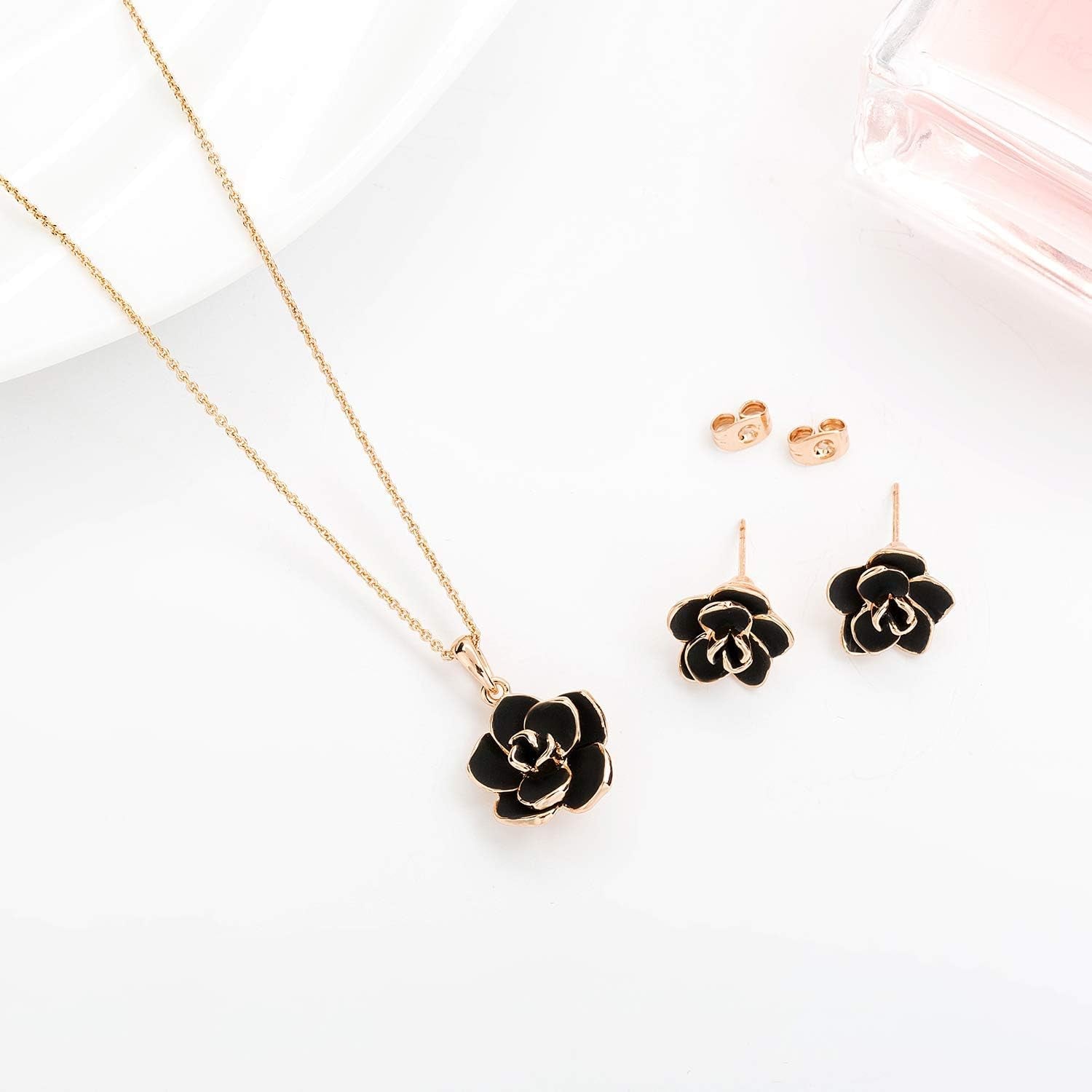 Rose Flower Necklace & Earrings Set for Women – 18K Gold Plated, Hypoallergenic Jewelry Set
