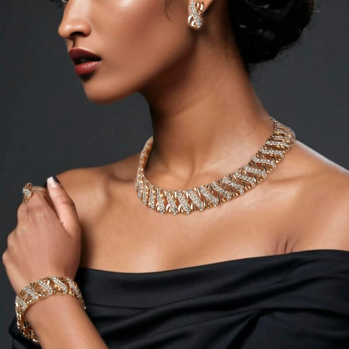 Liffly 18K Gold Tone Crystal Jewelry Set – Necklace, Earrings, Bracelet & Adjustable Ring for Women
