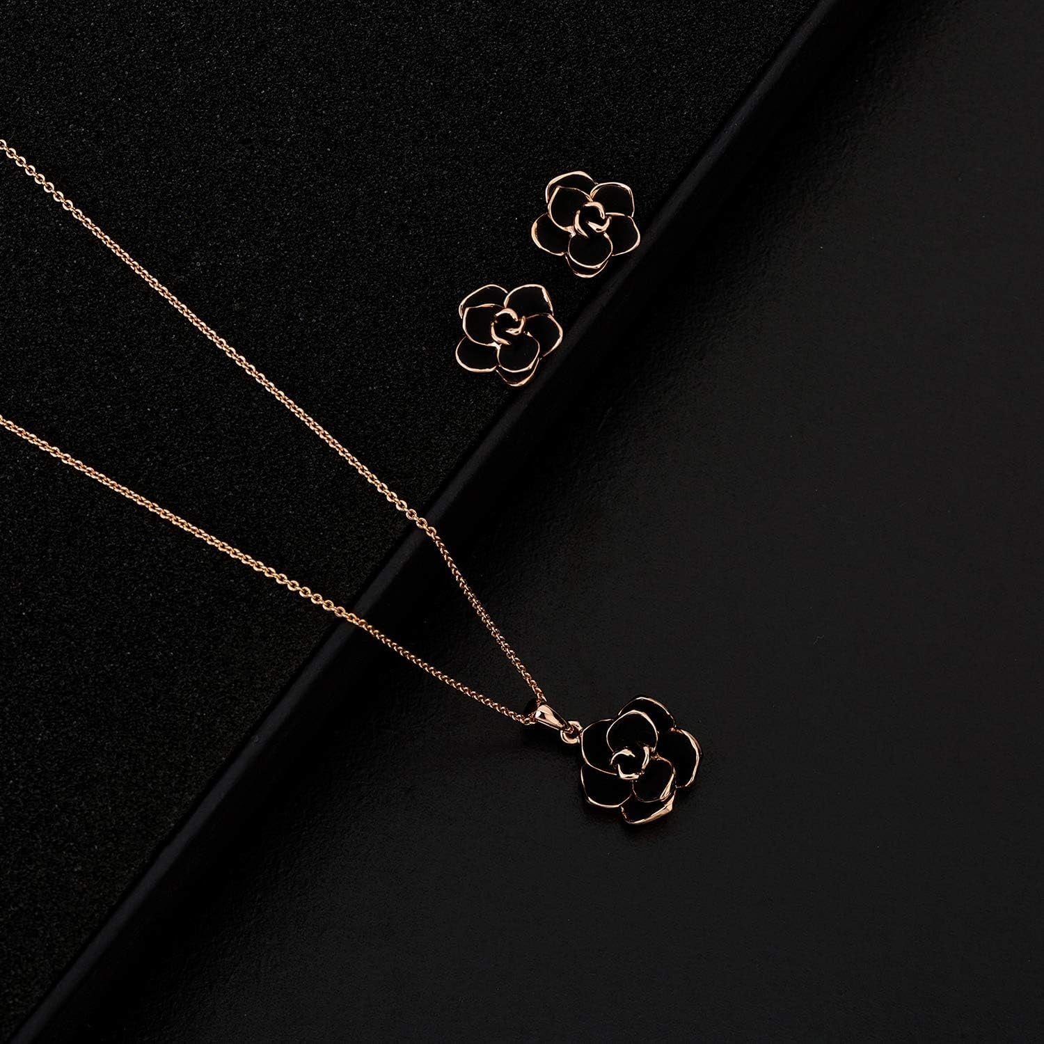 Rose Flower Necklace & Earrings Set for Women – 18K Gold Plated, Hypoallergenic Jewelry Set