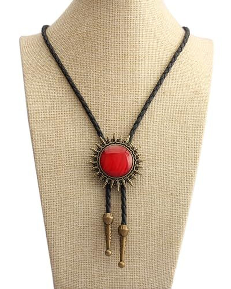 Men’s Western Cowboy Bolo Tie – Leather Necktie with Red Stone Pendant