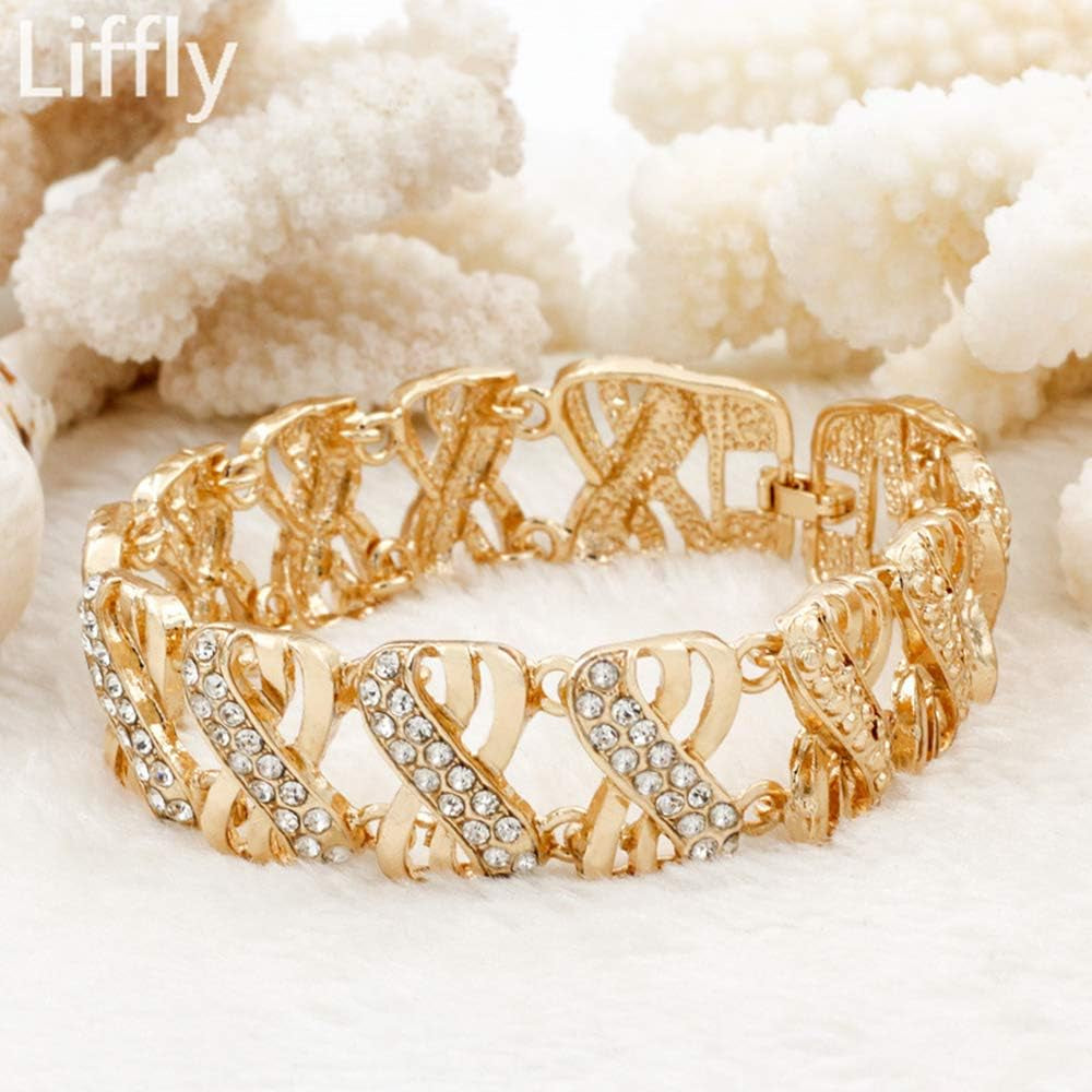 Liffly 18K Gold Tone Crystal Jewelry Set – Necklace, Earrings, Bracelet & Adjustable Ring for Women
