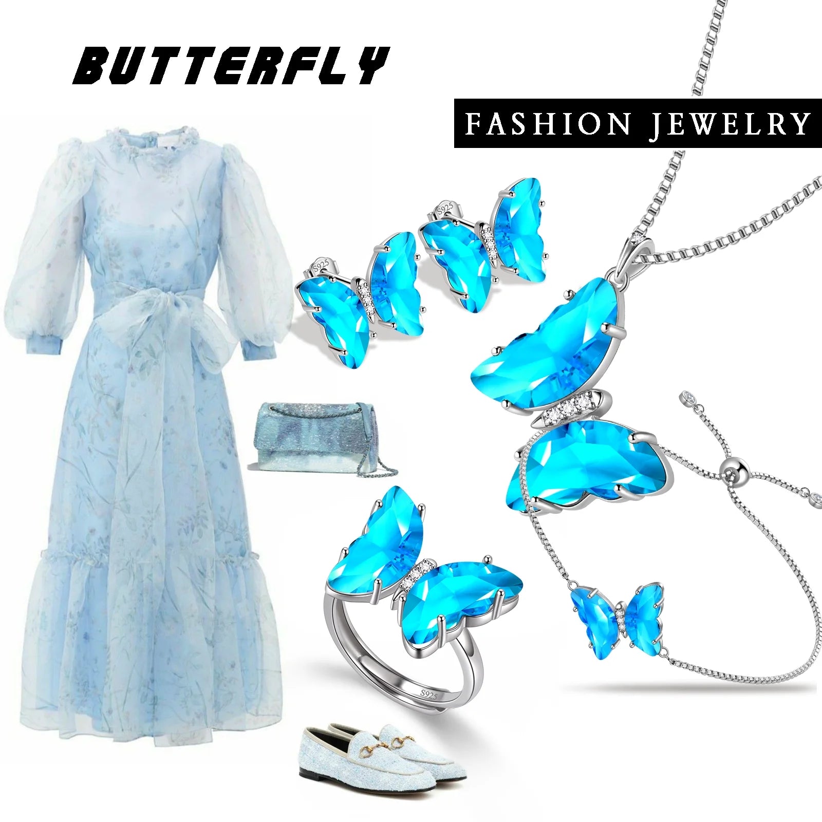 Blue Butterfly Jewelry Set – 5PCS Necklace, Earrings, Bracelet, Ring for Women Product Description