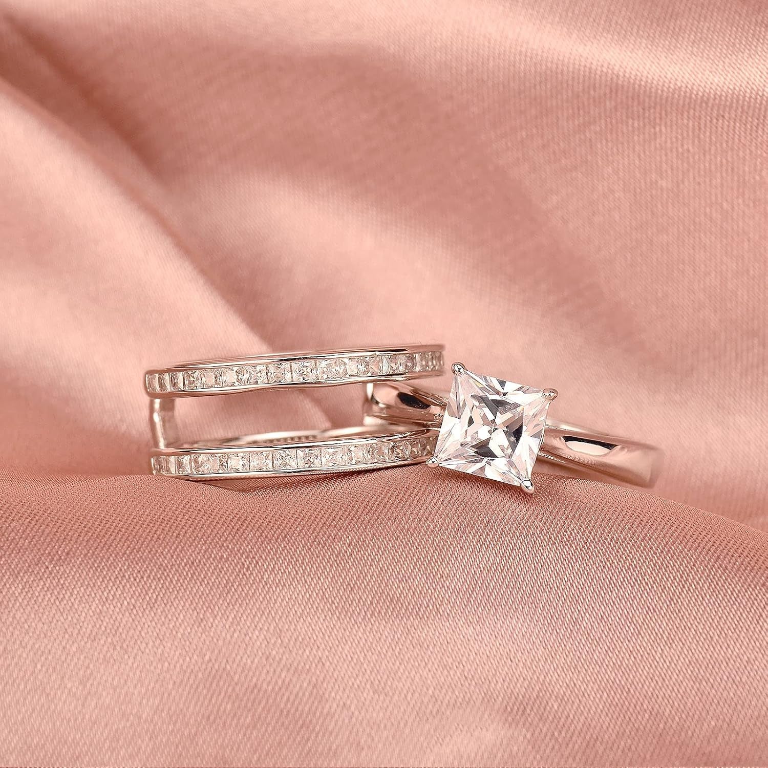 Princess Bridal Ring Set for Women – CZ Wedding Band Guard Enhancer – 925 Sterling Silver, Sizes 4-13