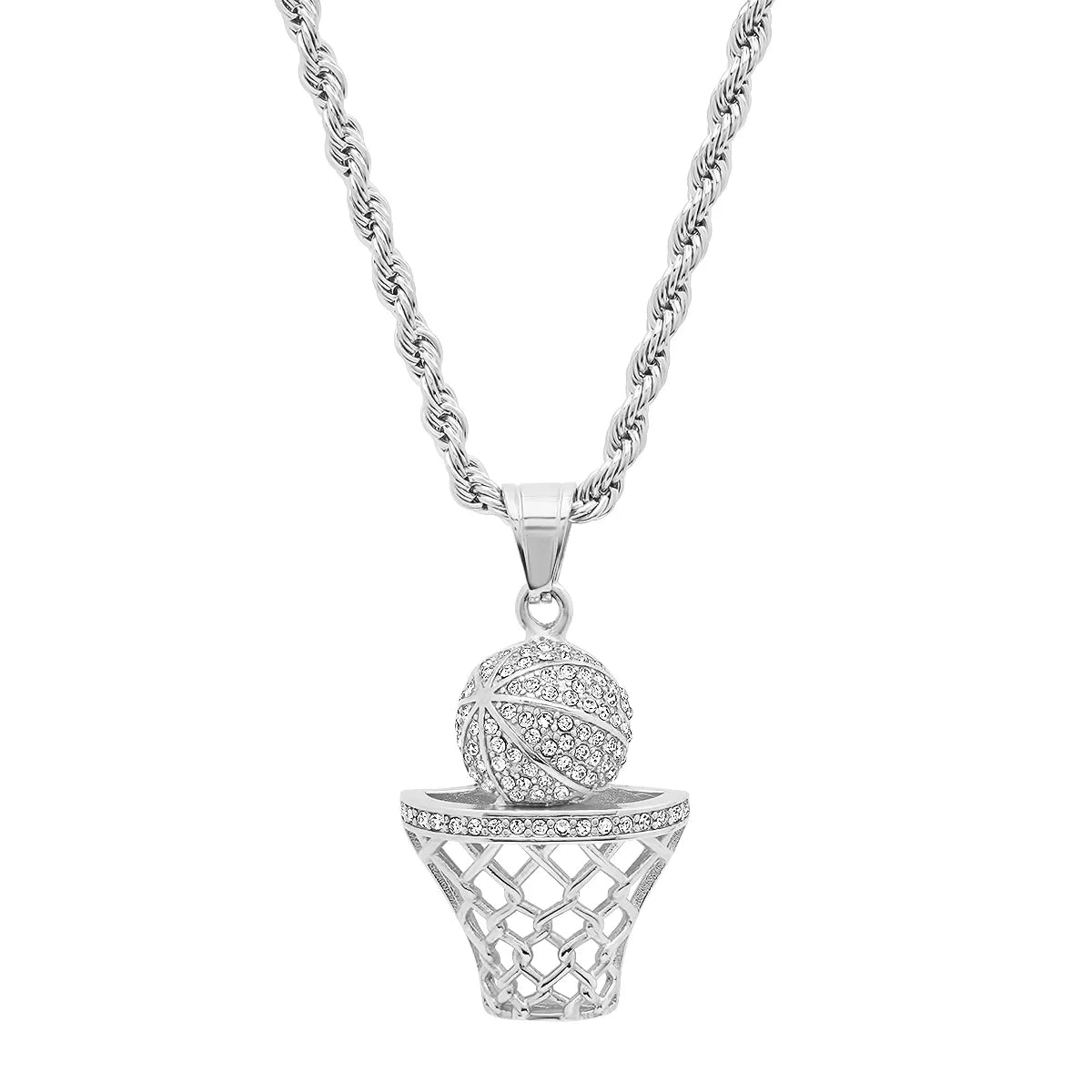 Men’s 18K Silver Plated Stainless Steel Basketball Hoop Pendant Necklace