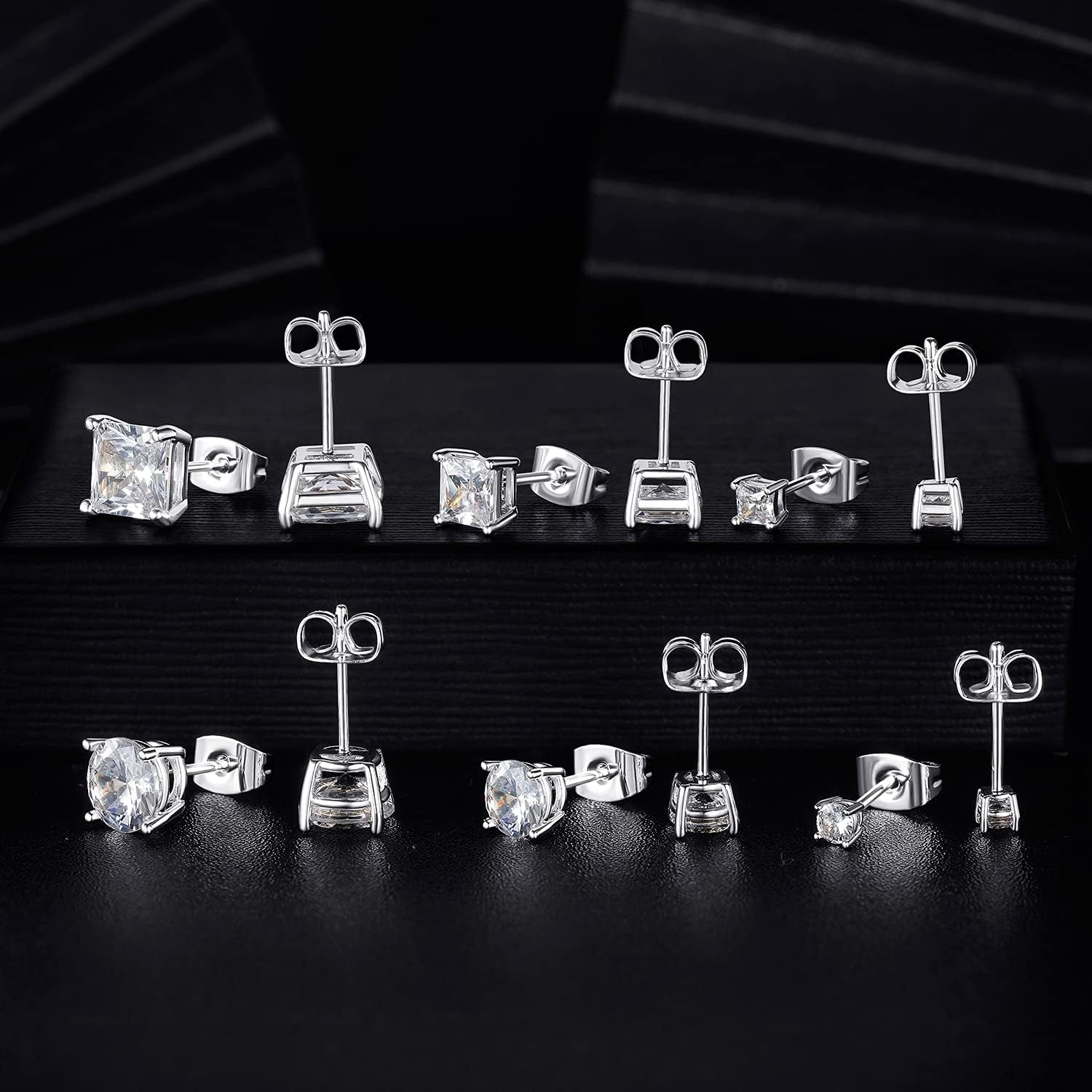 18K Gold Plated Round Princess Cut Clear Cubic Zirconia Stud Earrings – 6 Pairs Set