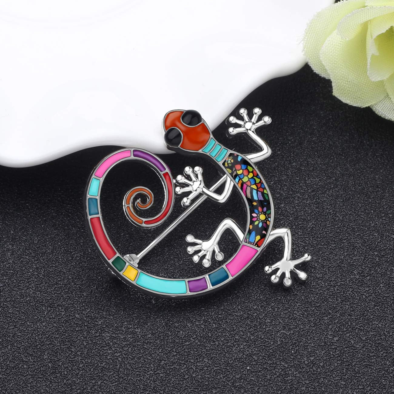 Cute Floral Enamel Gecko Lizard Brooch Pin – 6 Colorful Reptile Animal Jewelry Gifts