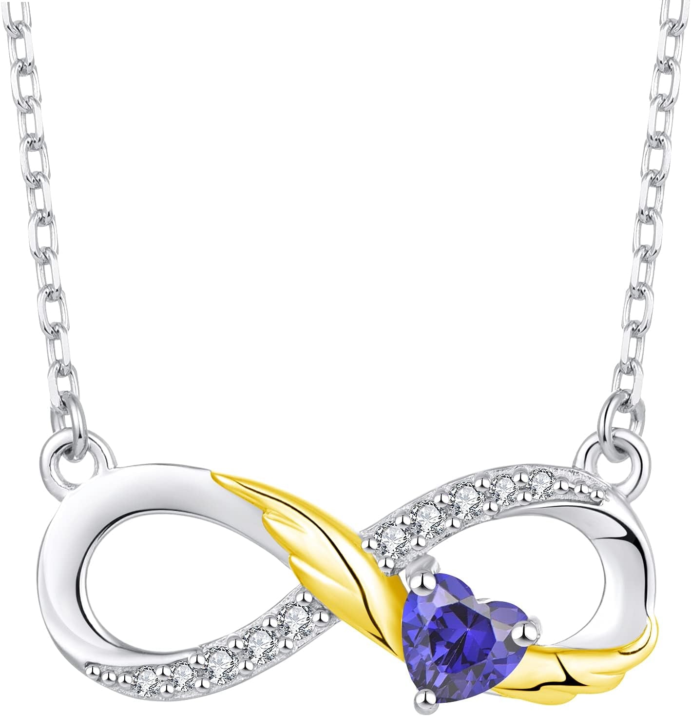 925 Sterling Silver Infinity Necklace – Angel Wings Heart Birthstone Pendant for Women