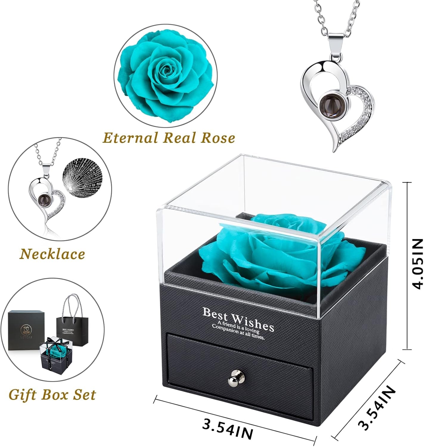 🌹 Preserved Real Rose in Box with Heart Necklace Gift Set Handmade Eternal Rose Gift for Wife, Mom, Girlfriend, or Her – Perfect for Birthday, Anniversary, or Wedding