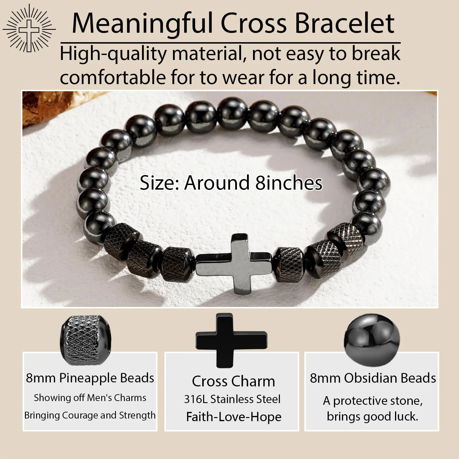 ✝️ Black Cross Bead Bracelet for Men – Obsidian Stone Christian Religious Jewelry Gift for Father, Husband, Son, or Grandpa
