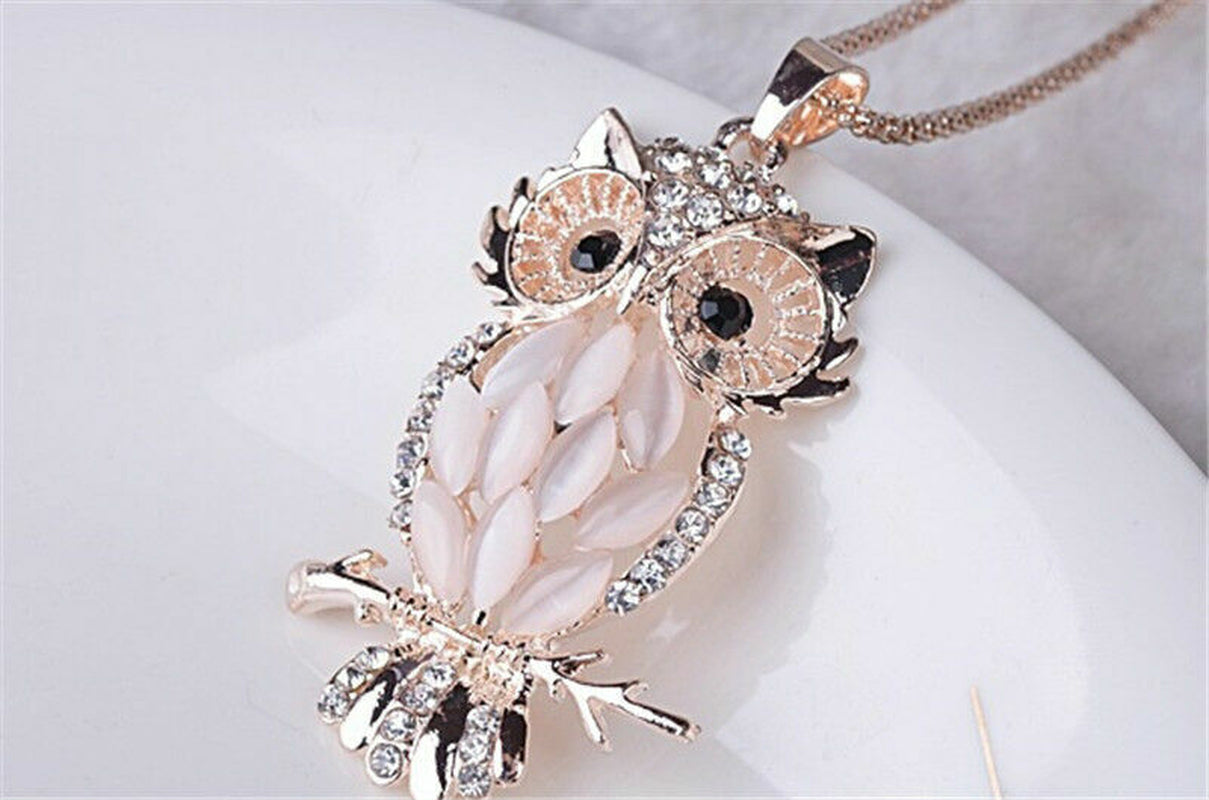 Fashion Sweater Chain Owl Necklace with Opal Stone Pendant – Trendy Sweater Chain Jewelry