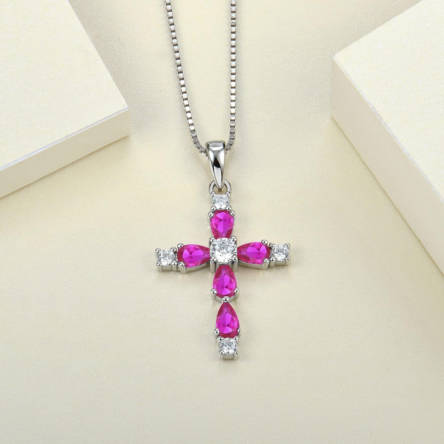 925 Sterling Silver Cross Necklace for Women – Halo Gemstone Birthstone Pendant, Religious Jewelry for Mom