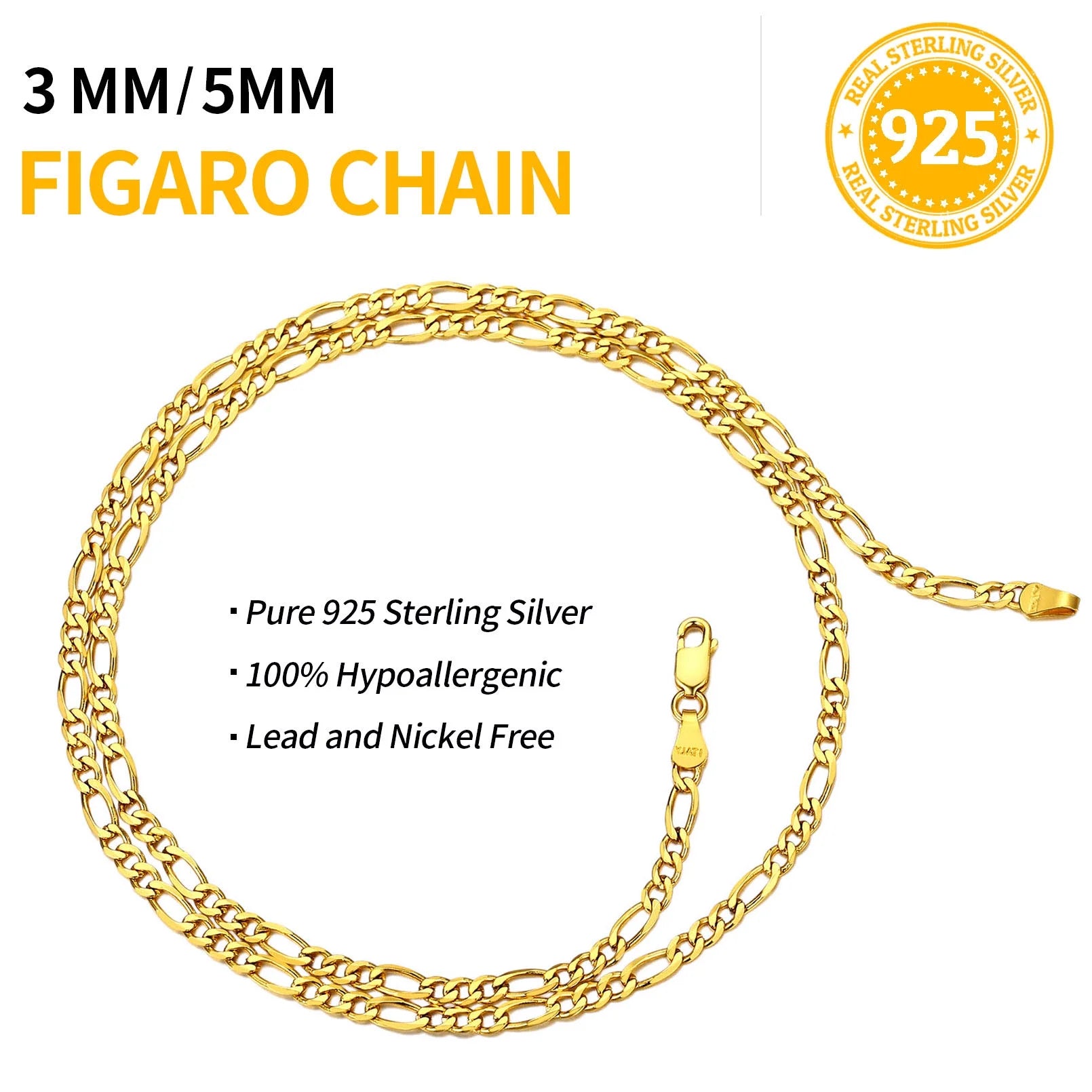 14K Gold Plated Italian 5MM Figaro Chain Necklace for Men & Women – 925 Sterling Silver Core, Classic Style, Daily Wear Gift with Box for Valentine’s Day, Birthday, or Party