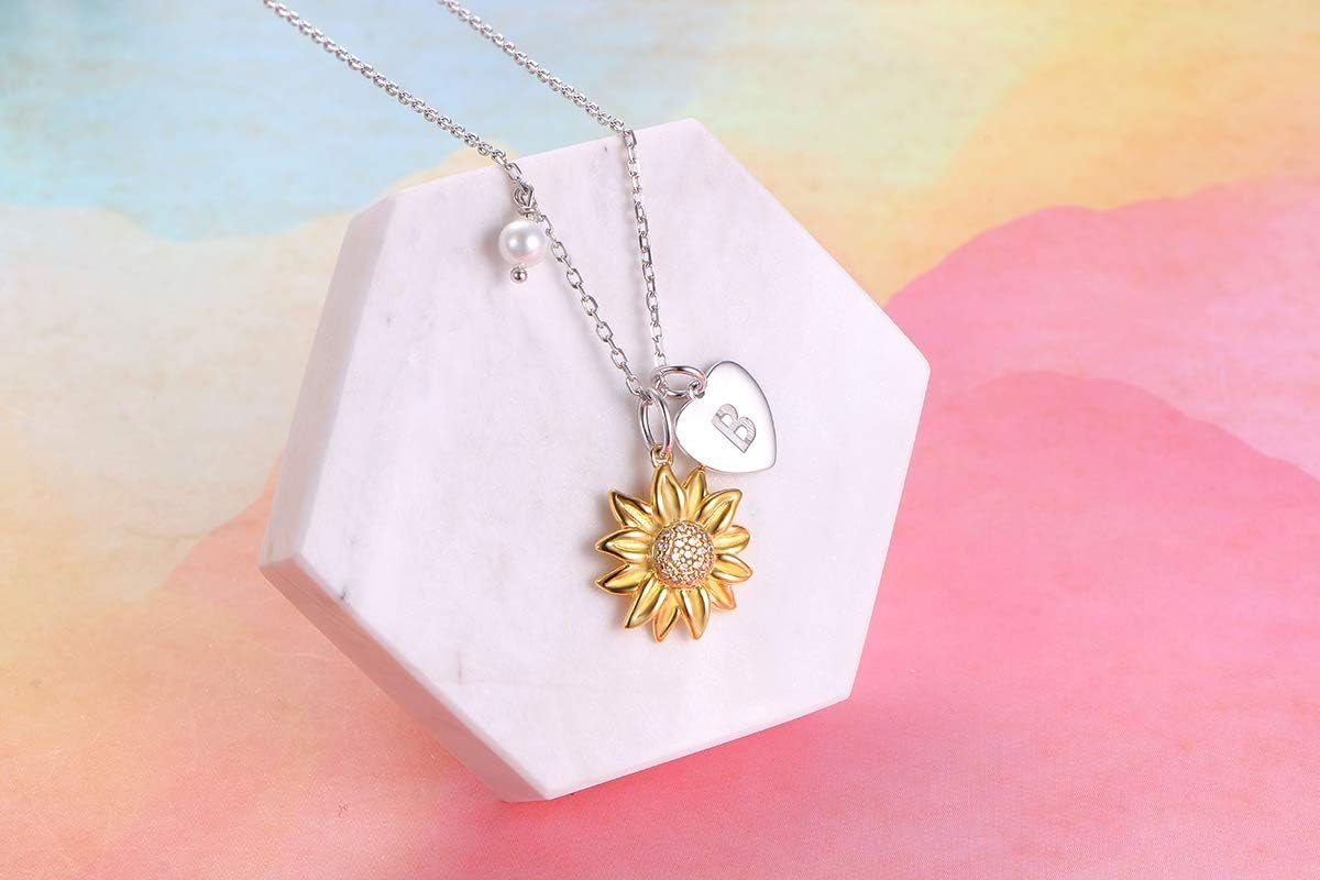 Sterling Silver Gold Tone Sunflower Initial Necklace – Personalized A–Z Script Alphabet Pendant for Women & Girls