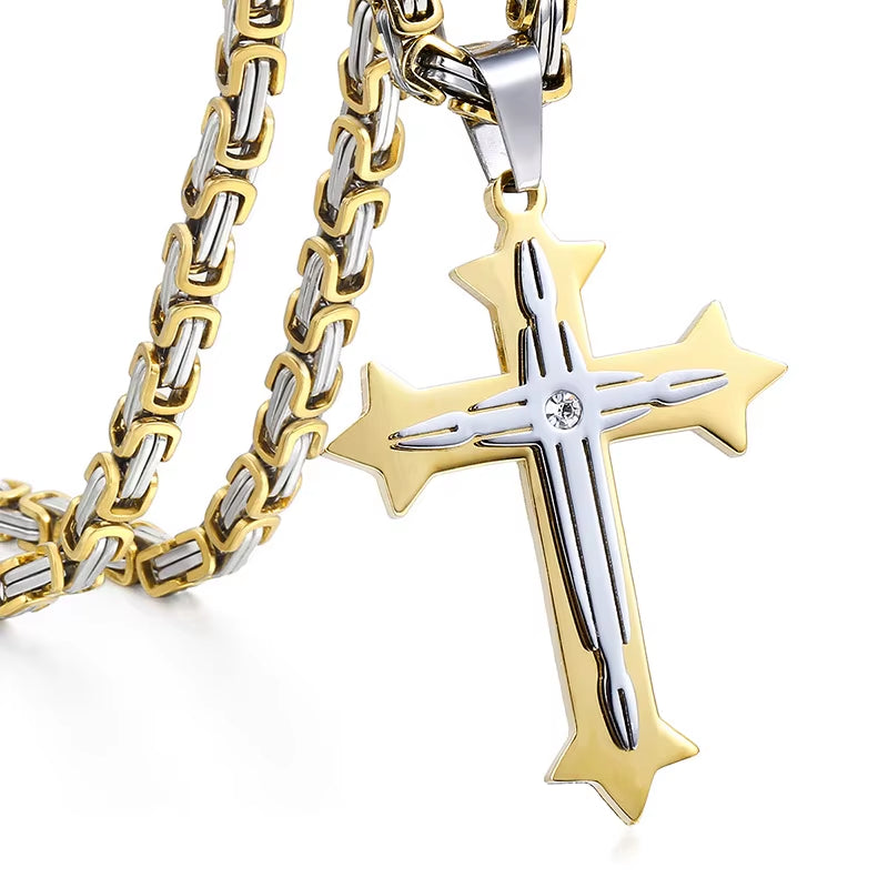 Men’s Cross Pendant Necklace – 3-Layer Knight Cross in Stainless Steel, Gold/Black/Silver – Durable Chain Jewelry (Model DDLKP179)