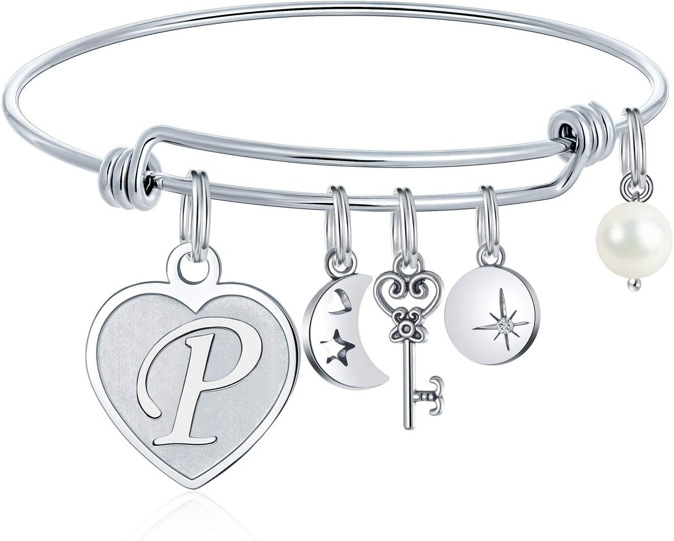 Initial Charm Bracelet for Women – Engraved Stainless Steel Bangle Personalized Gift for Her