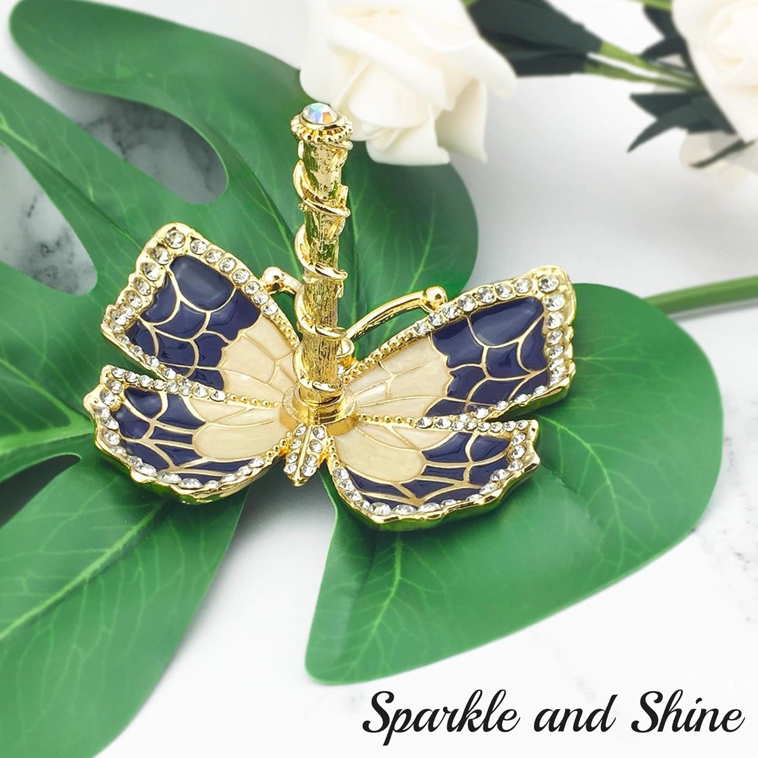 Blue Enamel & Gold Plated Butterfly Jewelry Stand Organizer Ring Holder with Sparkling Crystals