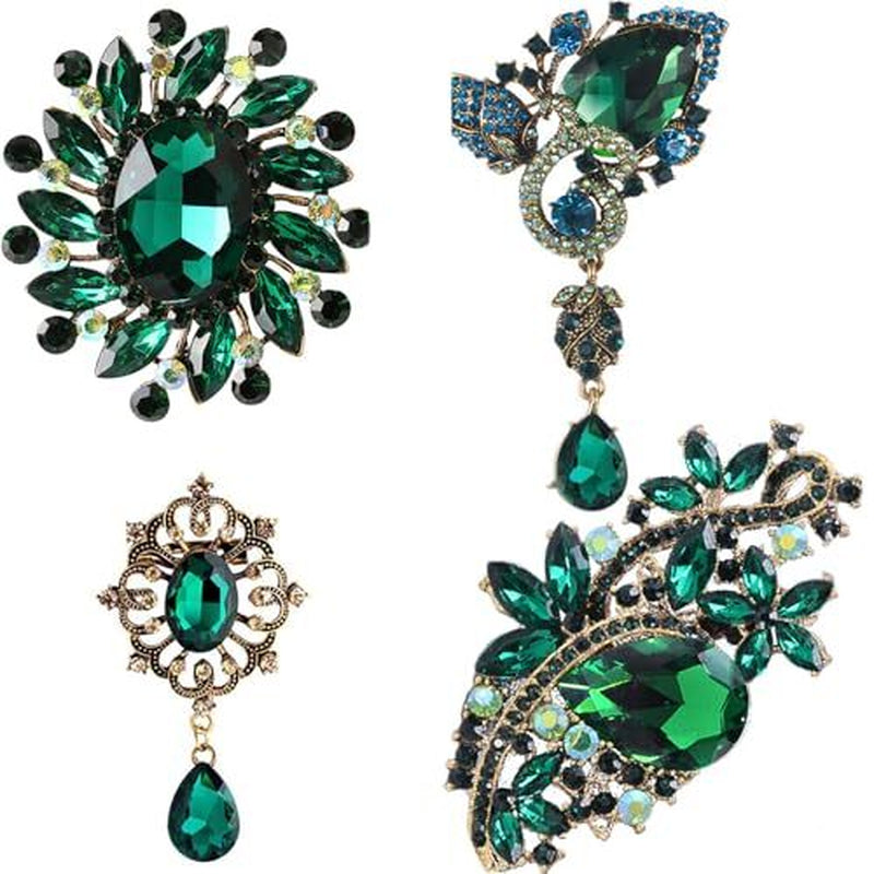 Ezing 4-Piece Large Rhinestone Crystal Brooch Set – Fashion Green Statement Pins