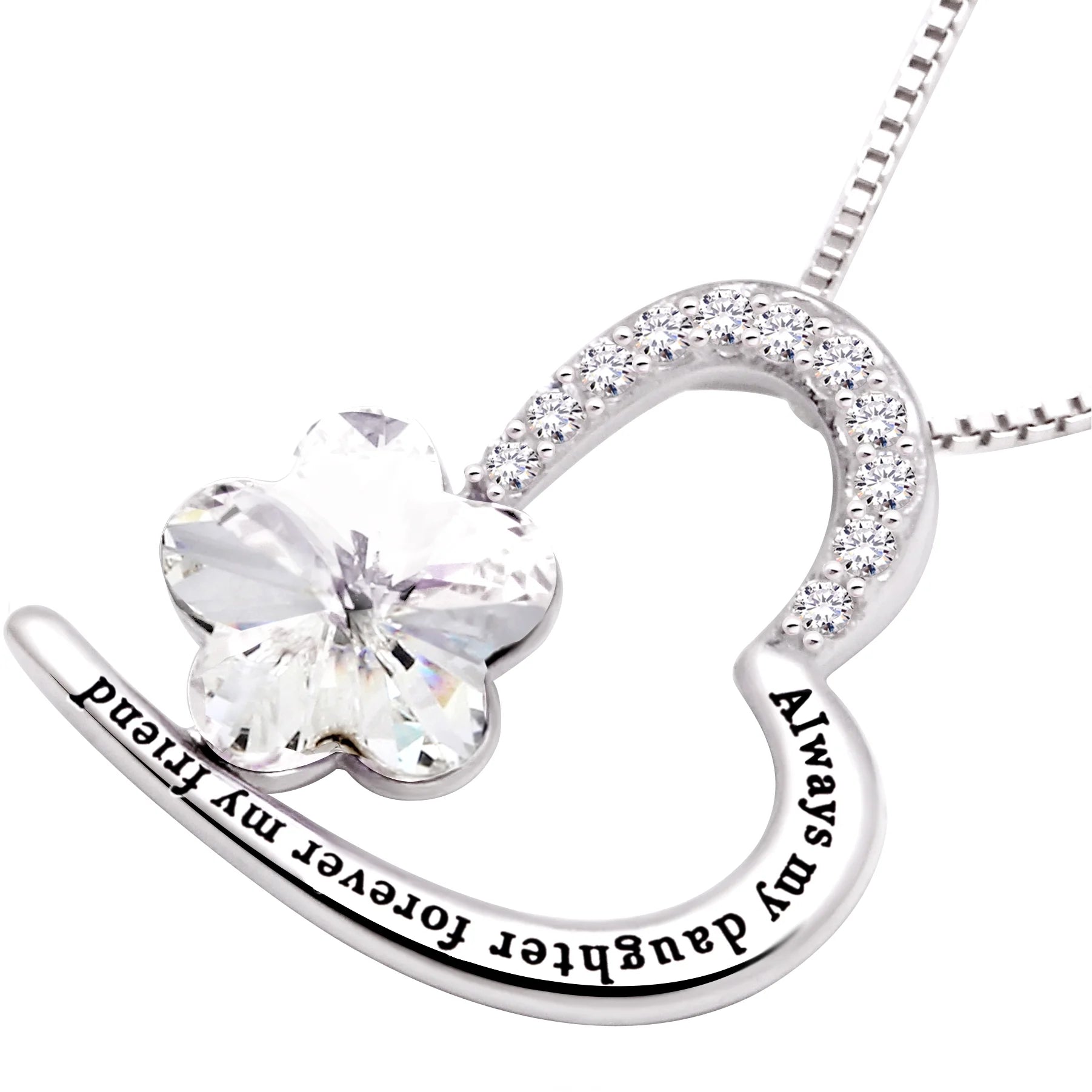Sterling Silver “Always My Daughter, Forever My Friend” Heart Necklace – CZ Crystal Pendant