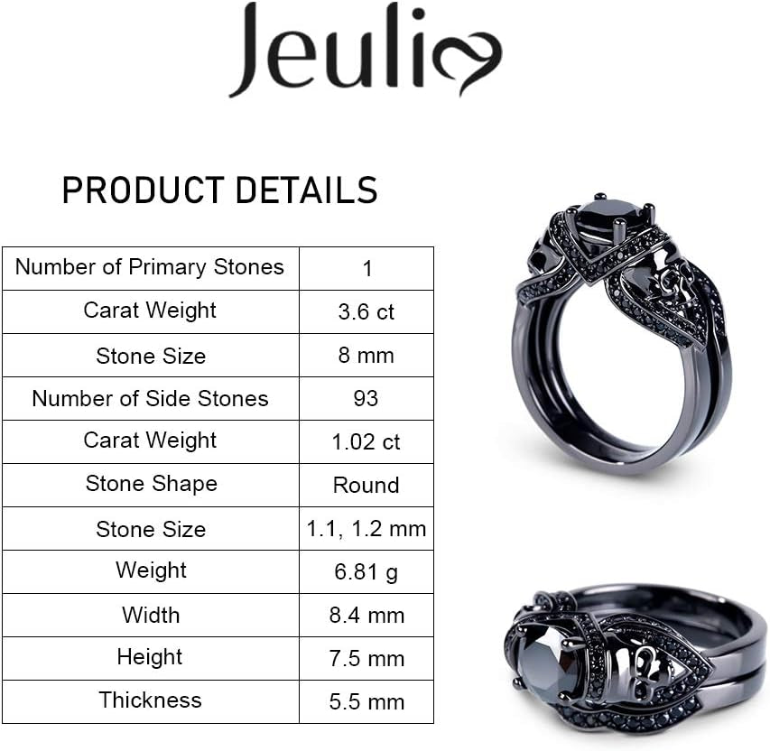 3.6 Carat Black Tone Skull Ring Set – Round Cut Cubic Zirconia Engagement & Wedding Bands for Women & Men, Sterling Silver Bridal Promise Ring with Gift Box
