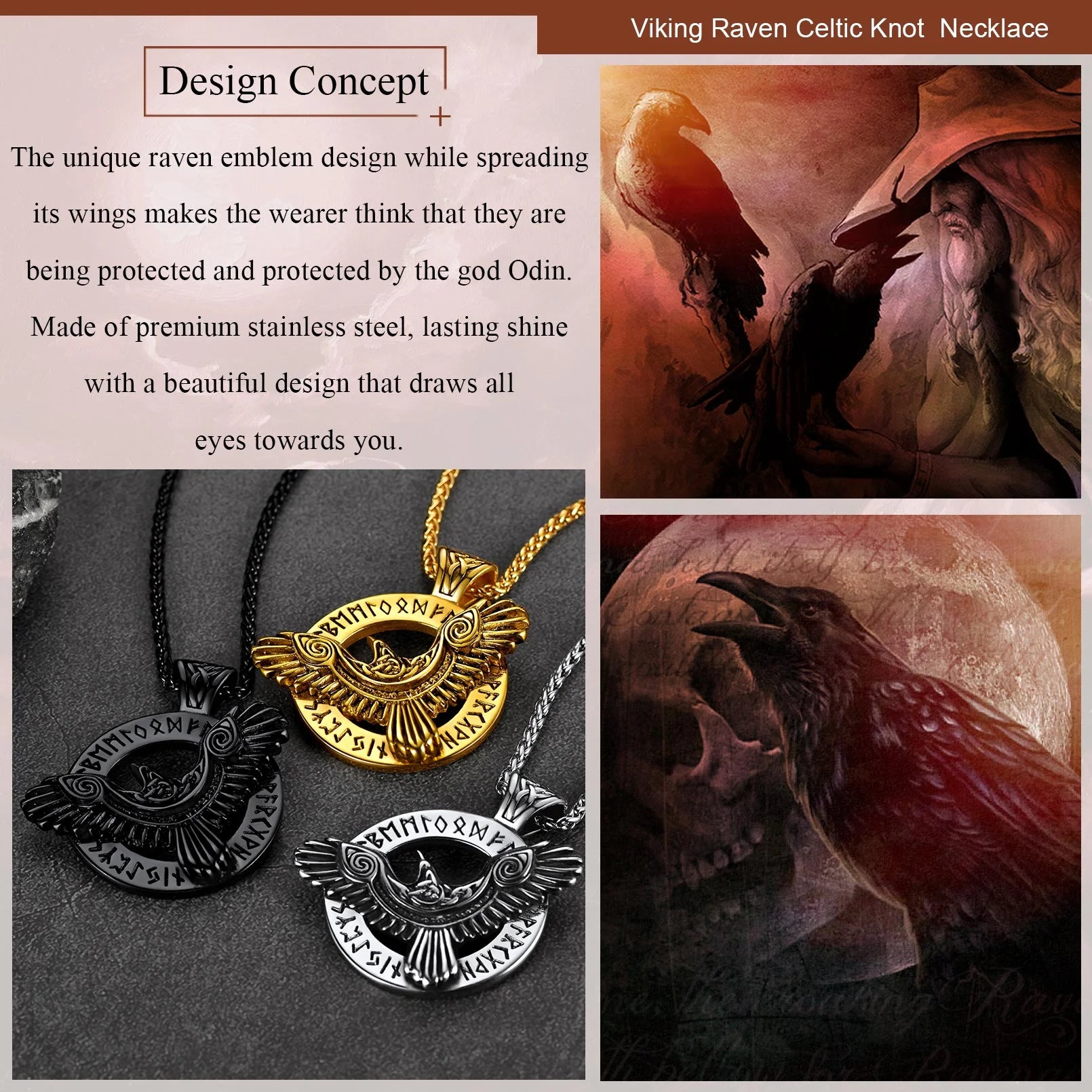 π‘οΈ Viking Raven Necklace for Men β Black Stainless Steel Norse Rune Pendant | Retro Crow Amulet Jewelry Gift for Friends, Sons, Grandsons, or Birthdays