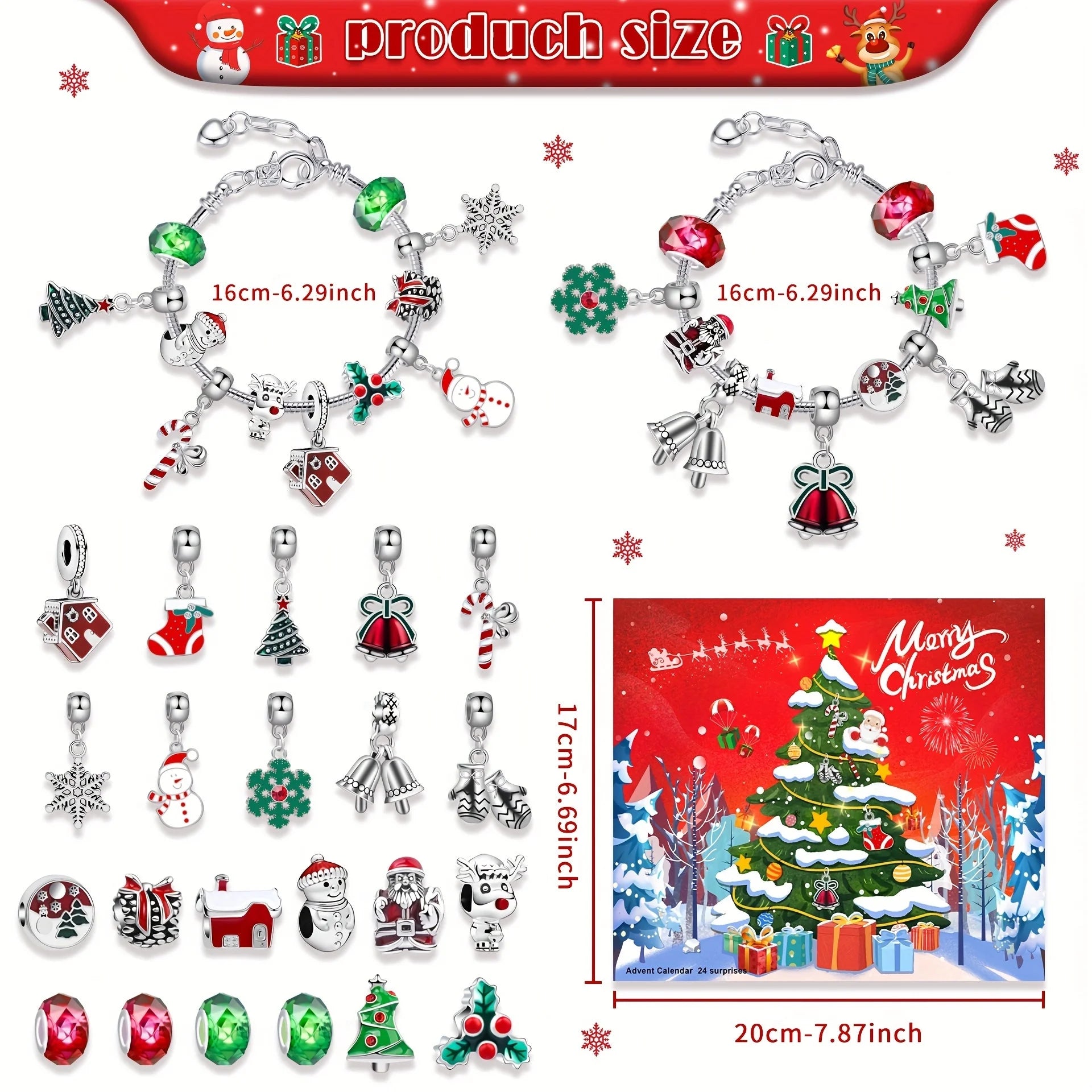 🎅 24-Day Christmas Countdown Advent Calendar DIY Charm Bracelet Kit | 24 Zinc Alloy Charms | Antique Silver Finish | Holiday Gift for Girls & Women