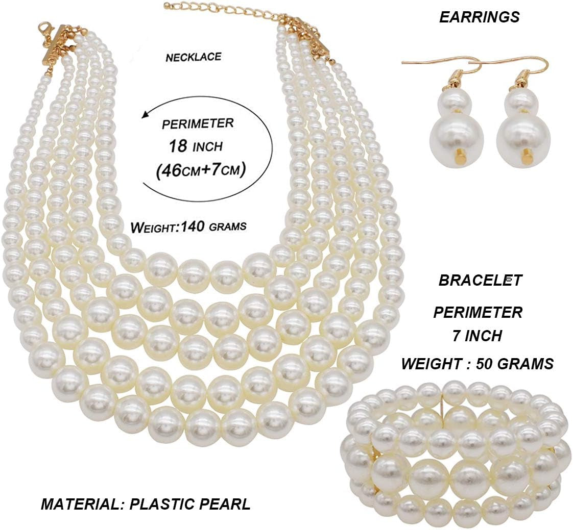 Large Multi-Strand Faux Pearl Necklace, Bracelet & Earrings Set – Elegant Costume Jewelry for Women
