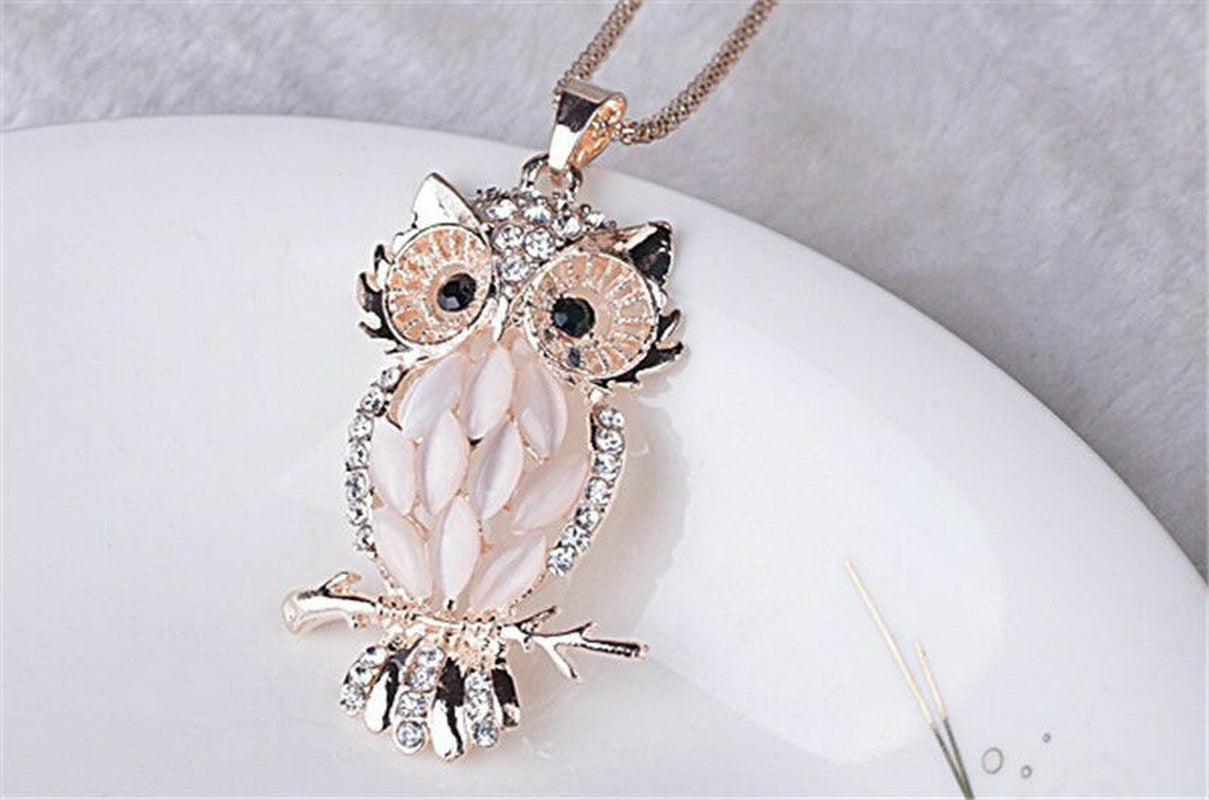 Fashion Sweater Chain Owl Necklace with Opal Stone Pendant – Trendy Sweater Chain Jewelry