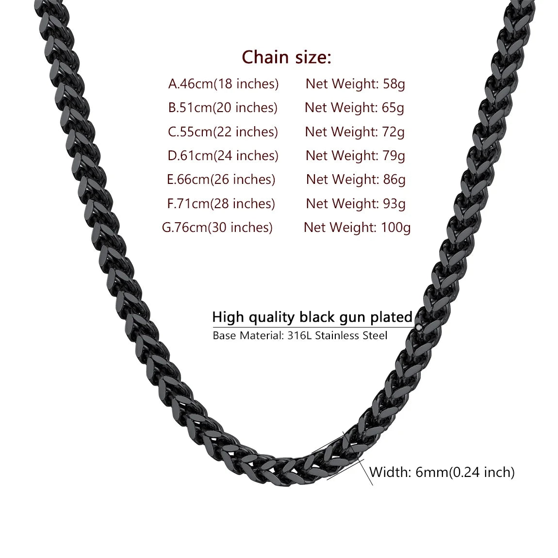 🖤 Men’s Franco Link Chain Necklace – 22” Black 316L Stainless Steel Jewelry
