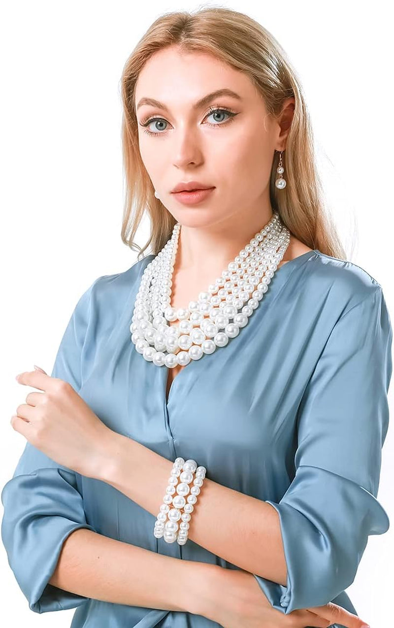 Large Multi-Strand Faux Pearl Necklace, Bracelet & Earrings Set – Elegant Costume Jewelry for Women