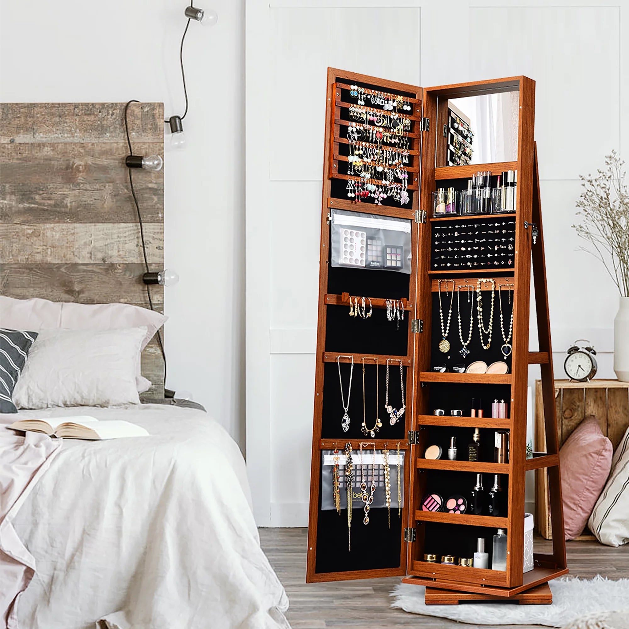 360Degree Rotatable Jewelry Cabinet 2-In-1 Lockable Mirrored Organizer Brown