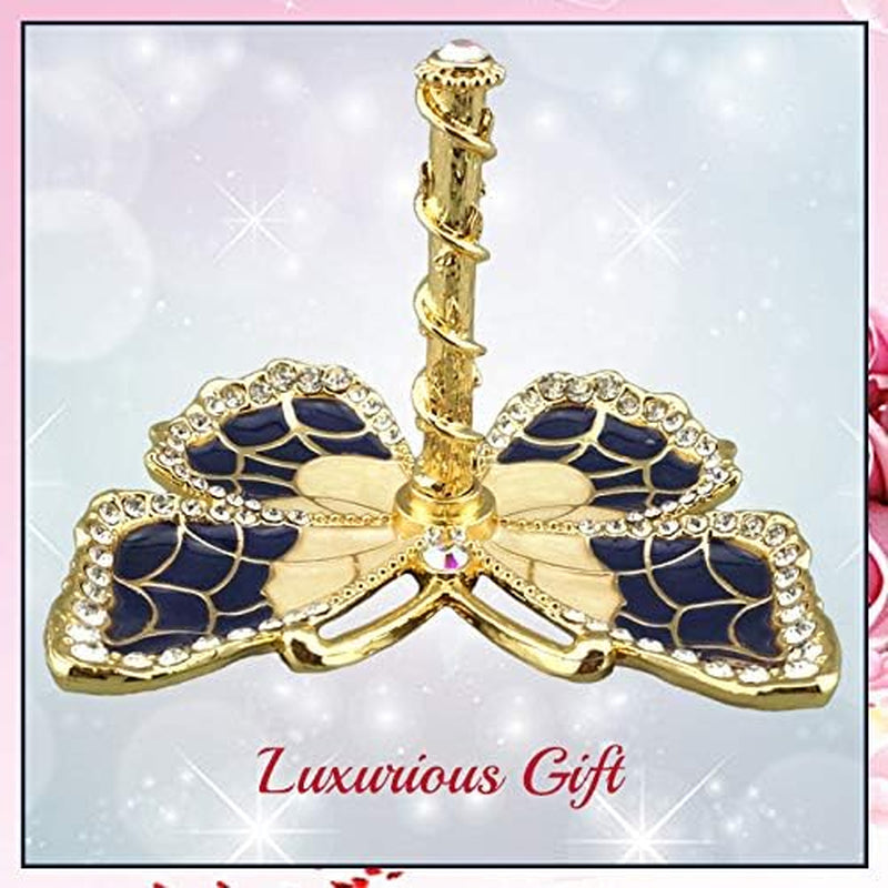 Blue Enamel & Gold Plated Butterfly Jewelry Stand Organizer Ring Holder with Sparkling Crystals
