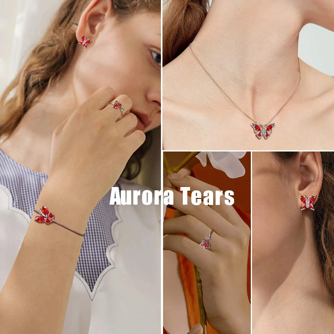 January Birthstone Jewelry Set – Red Butterfly Garnet Necklace, Earrings, Ring & Bracelet in Sterling Silver for Women