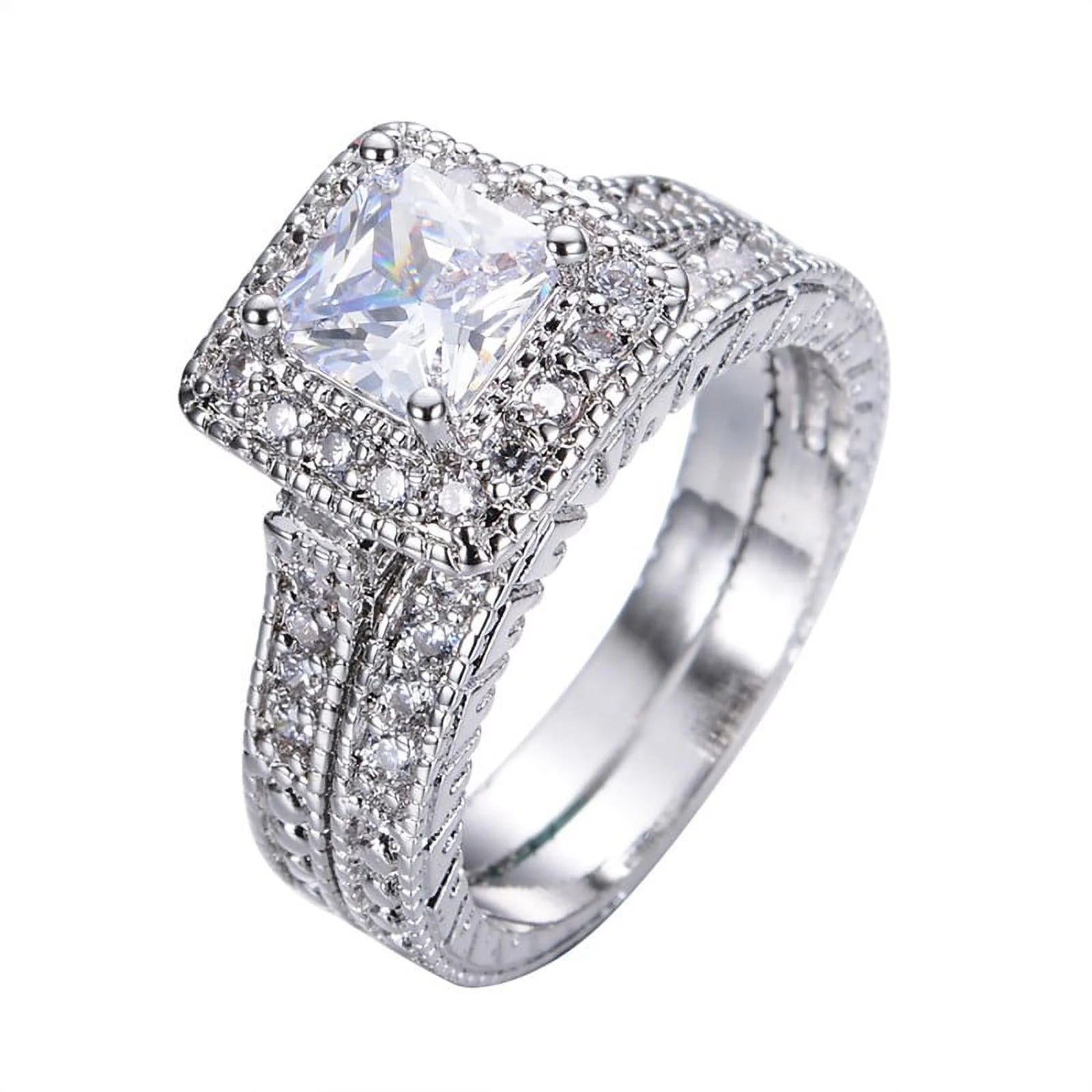 1 Carat Princess Cut Moissanite Wedding Set – Bridal Engagement Ring, Vintage Milgrain & Halo Design in 18K White Gold over Silver