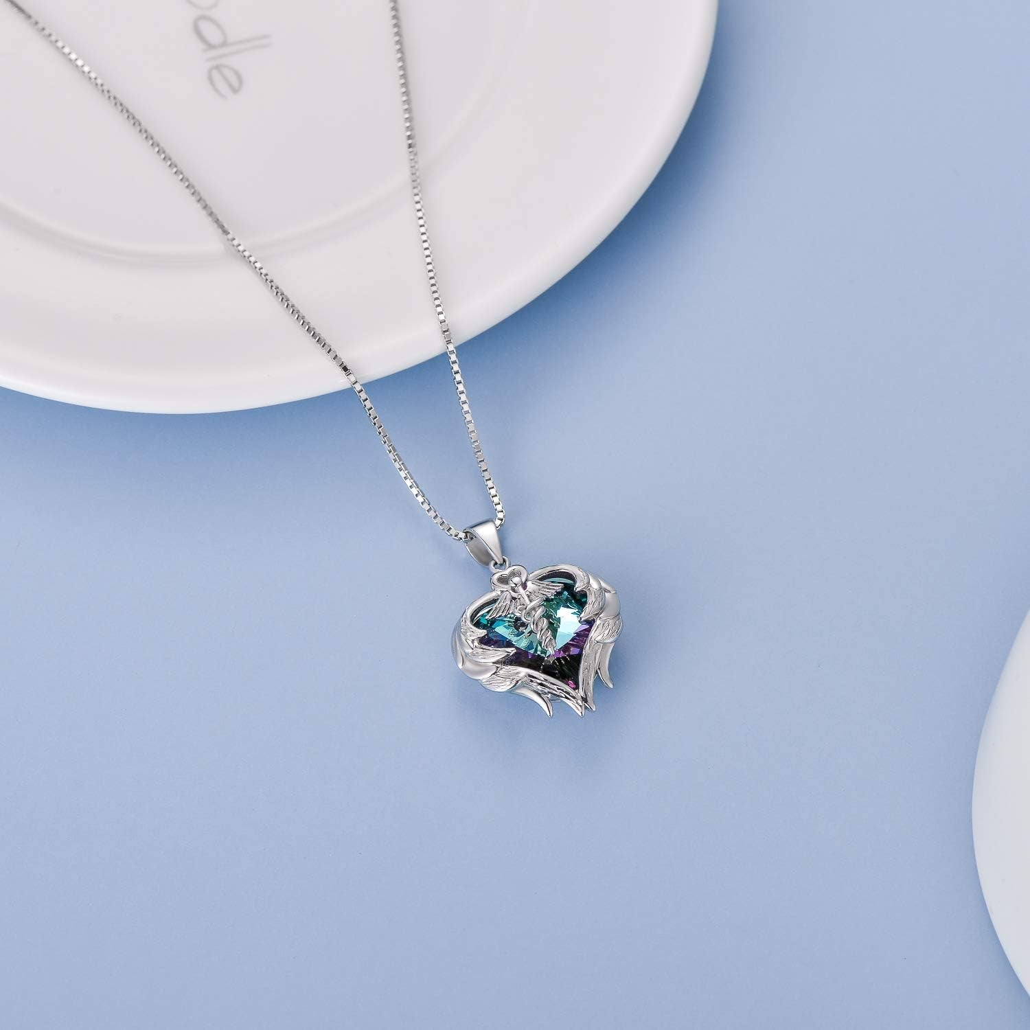 925 Sterling Silver Nurse Necklace – Caduceus Angel Wing Heart Pendant with Austrian Crystal, Gift for Nurses, Doctors & Medical Students