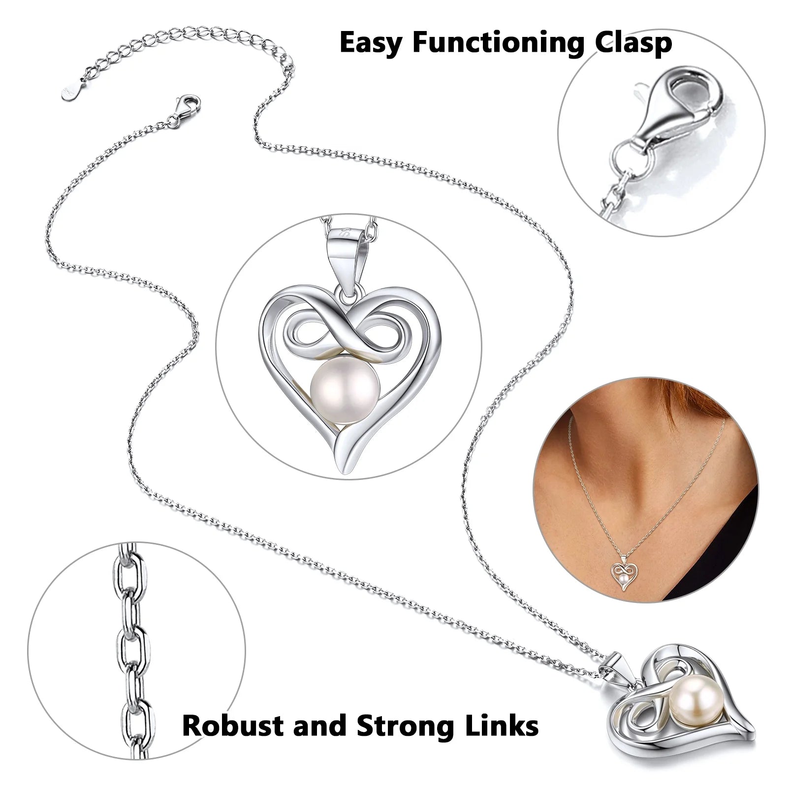 Sterling Silver Heart Infinity Necklace with Freshwater Pearl – Elegant Gift for Her