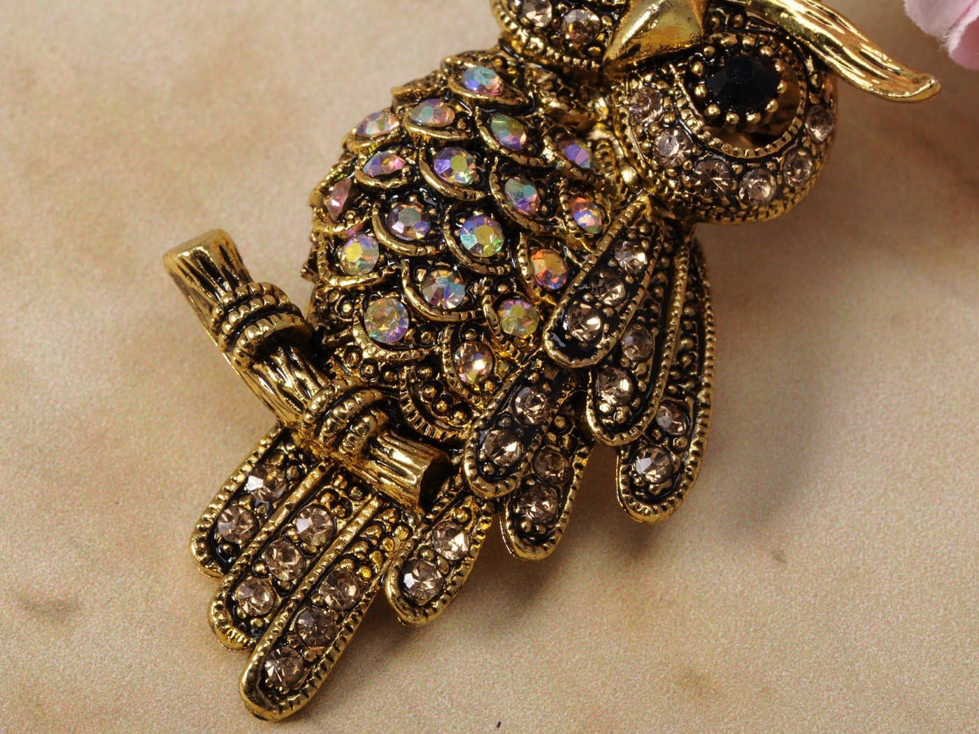 Antique Multicolored Crystal Rhinestone Owl Brooch