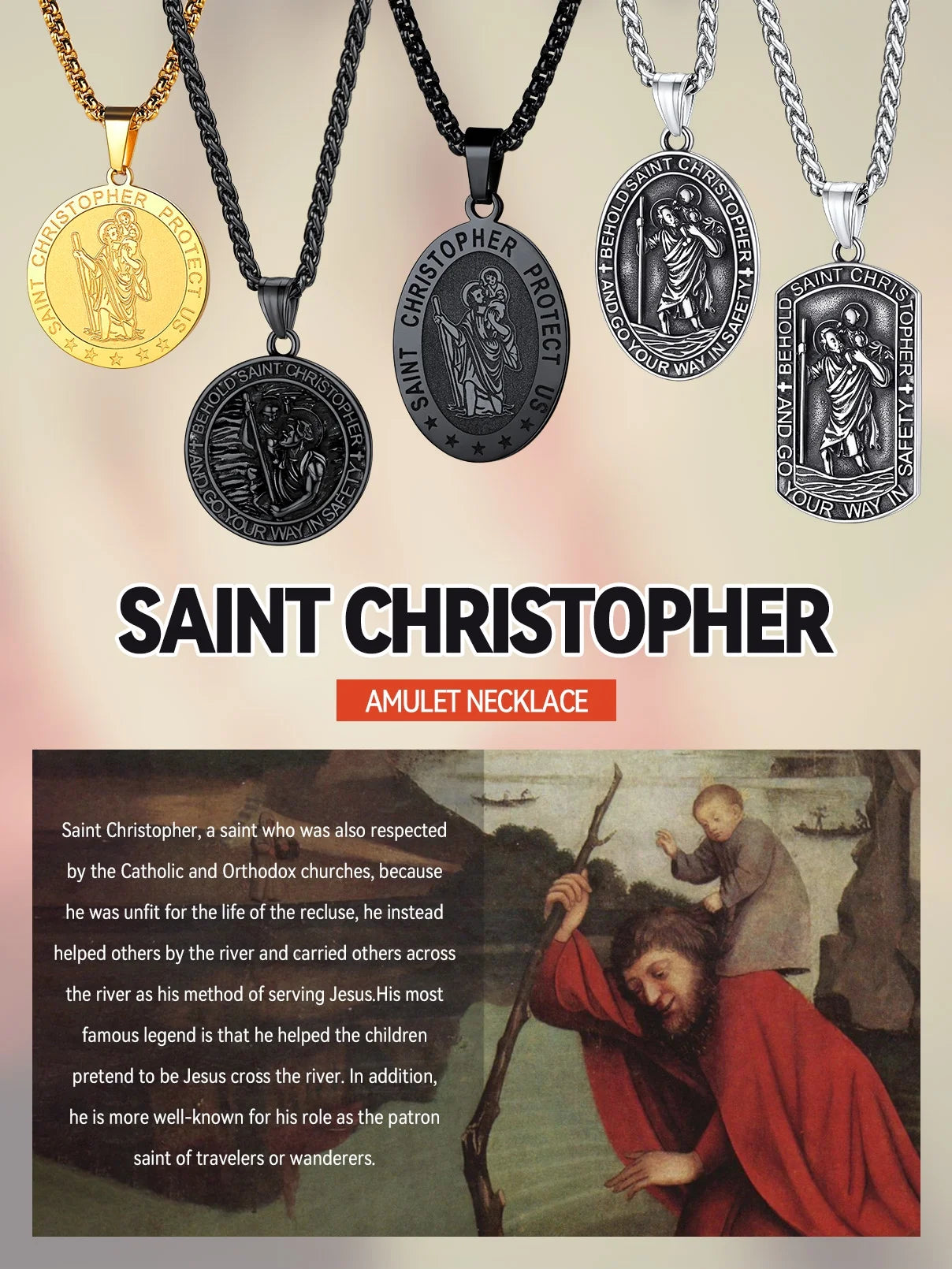 Saint/St. Christopher Pendant Necklace for Men Women Stainless Steel Catholic Christian Oval Medal Blessings Amulet Black Men Jewelry Gift for Dad Grandpa Fathers Day