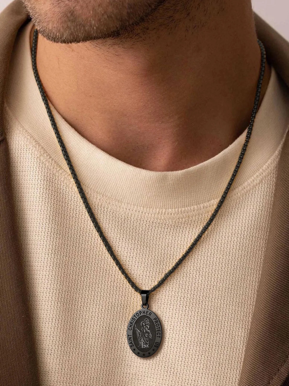 Saint/St. Christopher Pendant Necklace for Men Women Stainless Steel Catholic Christian Oval Medal Blessings Amulet Black Men Jewelry Gift for Dad Grandpa Fathers Day