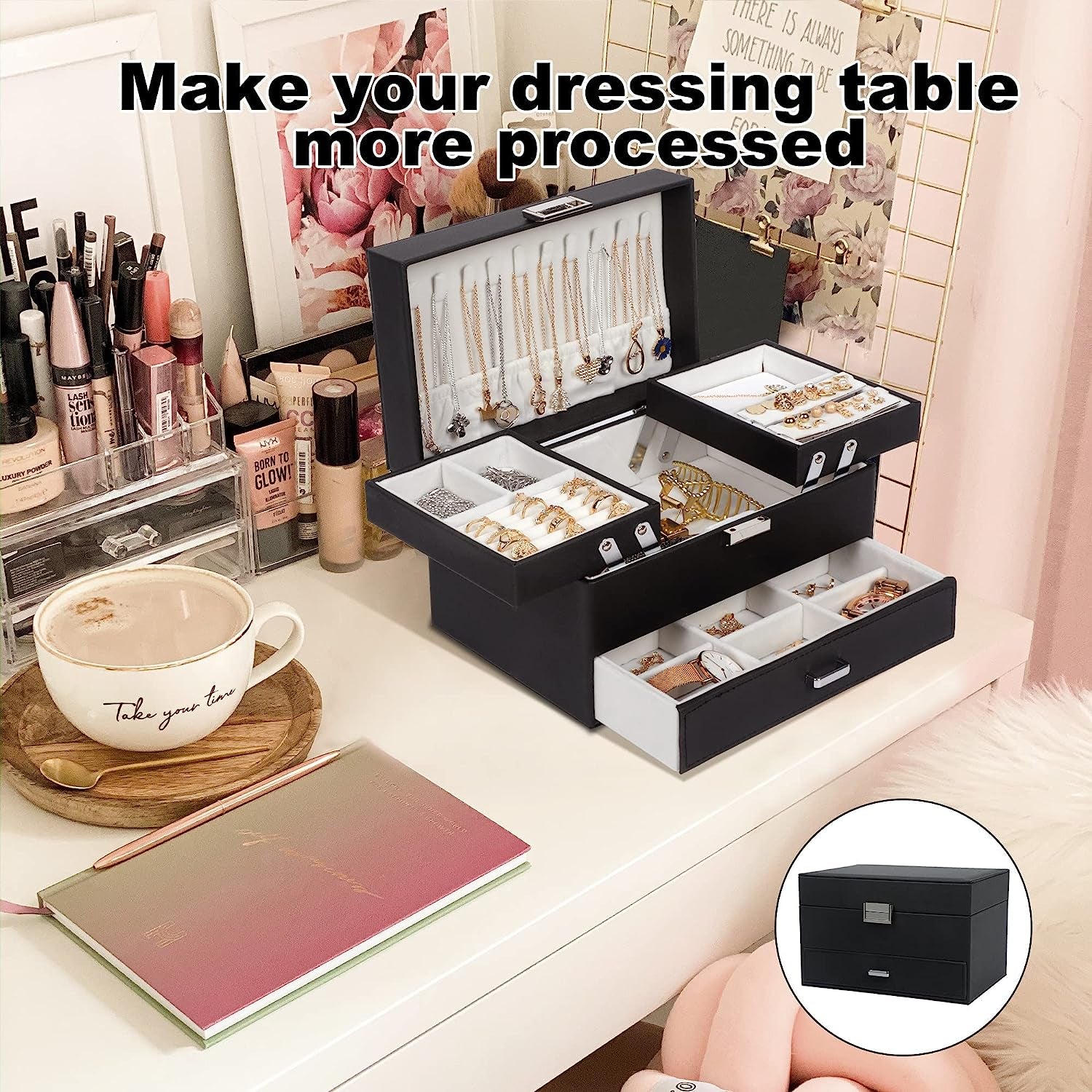 3-Layer Jewelry Box for Women & Girls – Black Jewelry Organizer Case for Rings, Earrings, Necklaces & Bracelets
