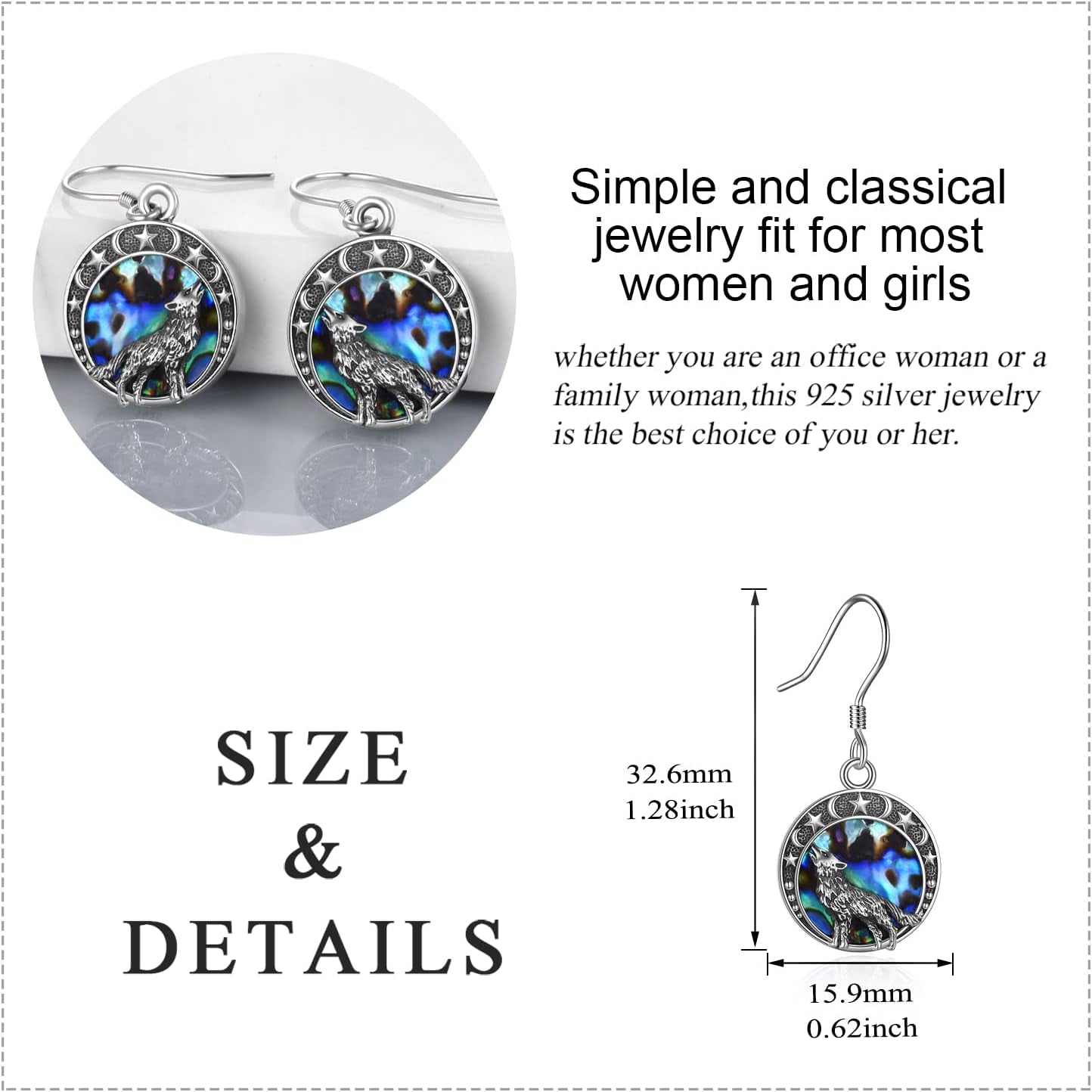 Sterling Silver Wolf Moon Star Dangle Earrings – Jewelry Gift for Women, Christmas & Special Occasions