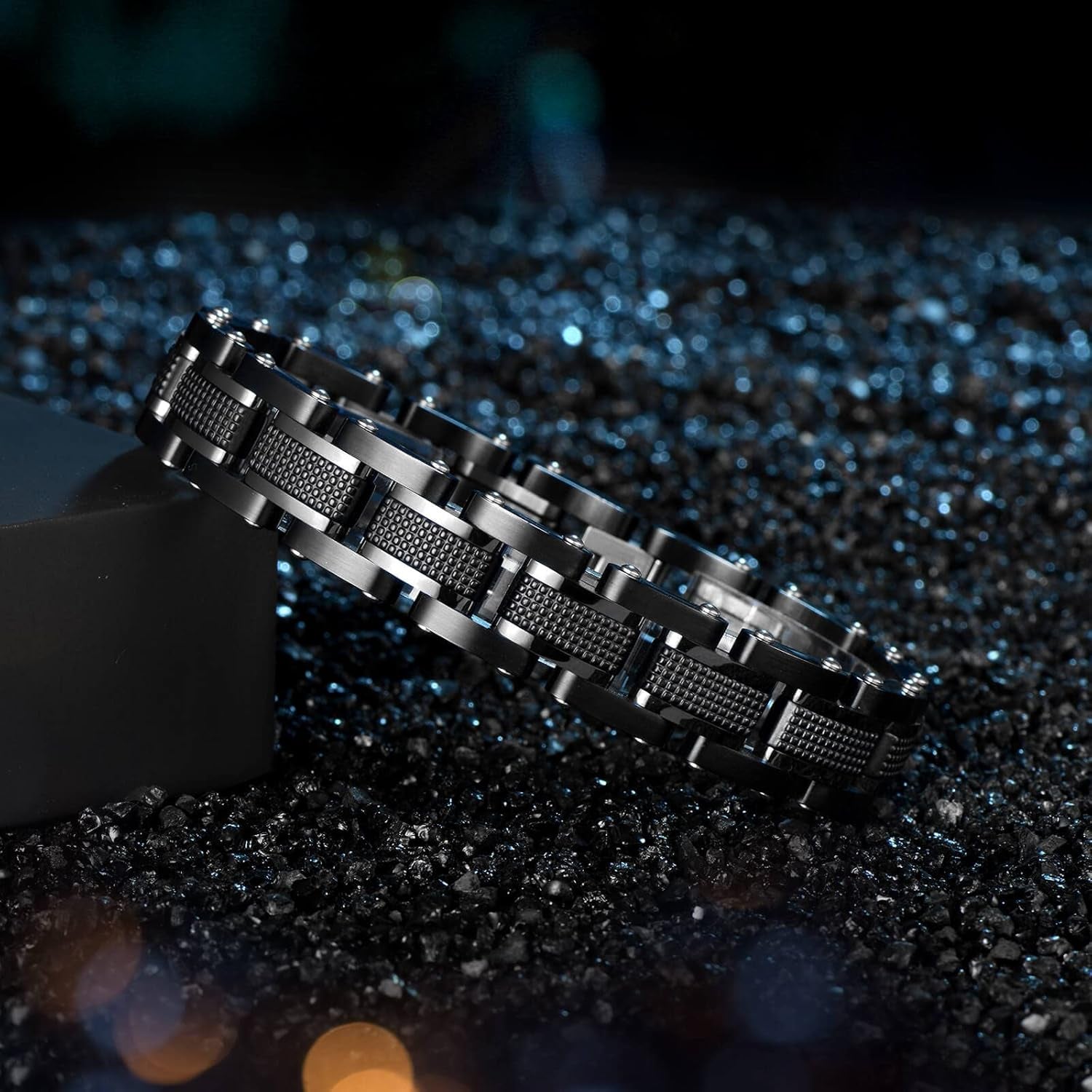 Men’s Stainless Steel Two-Tone Square Link Bracelet – Black and Blue Ion Plated