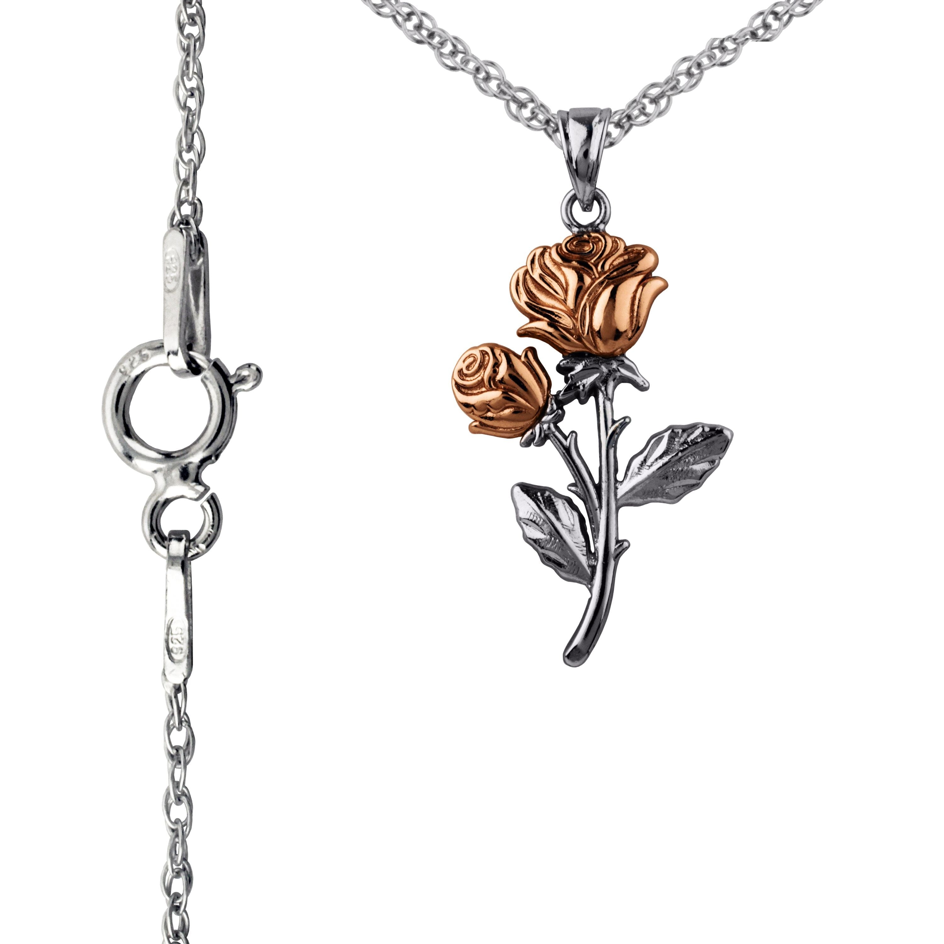 Women’s Rose Pendant Necklace – Two-Tone Sterling Silver with 14K Gold Plated Accents