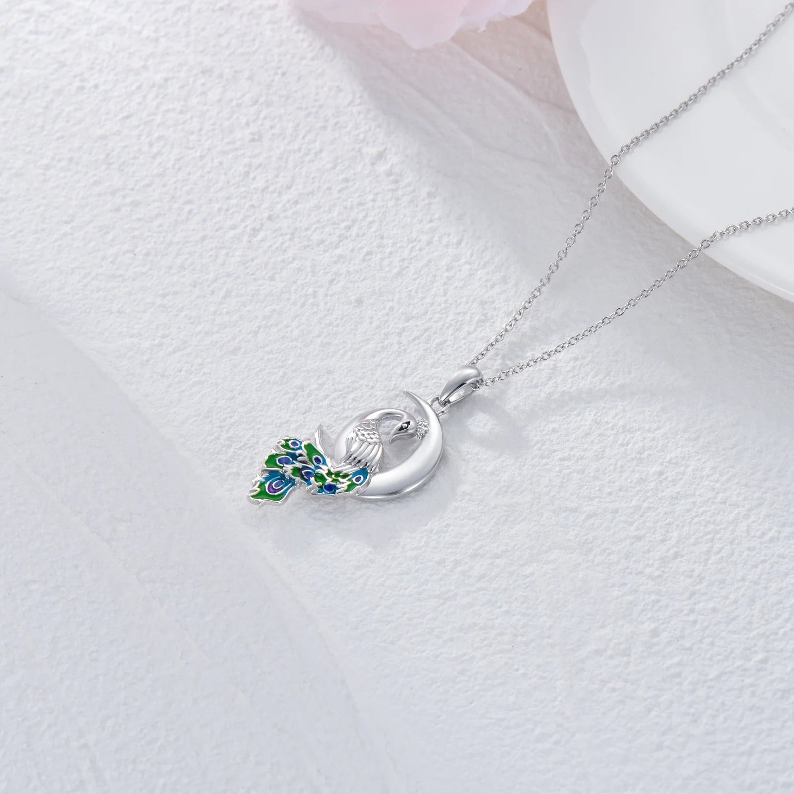 Peacock Moon Crystal Necklace – 925 Sterling Silver Crescent Pendant Jewelry for Women