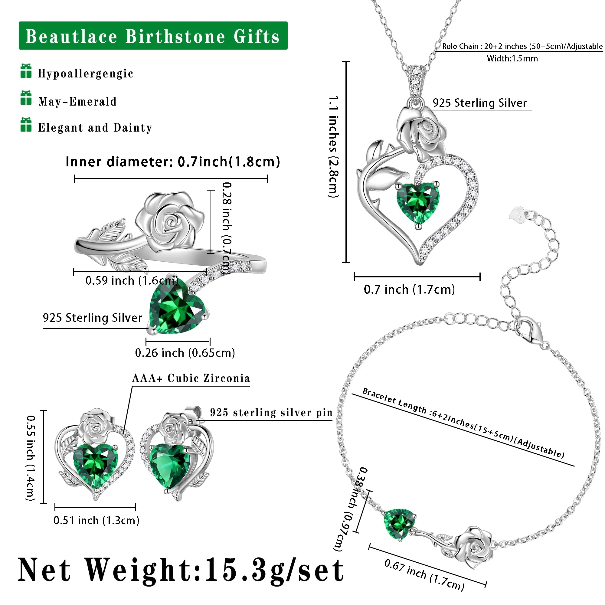 Rose Heart Jewelry Set – May Birthstone Rose Flower Necklace, Earrings, Ring & Bracelet in 925 Sterling Silver | Gift for Women, Mom