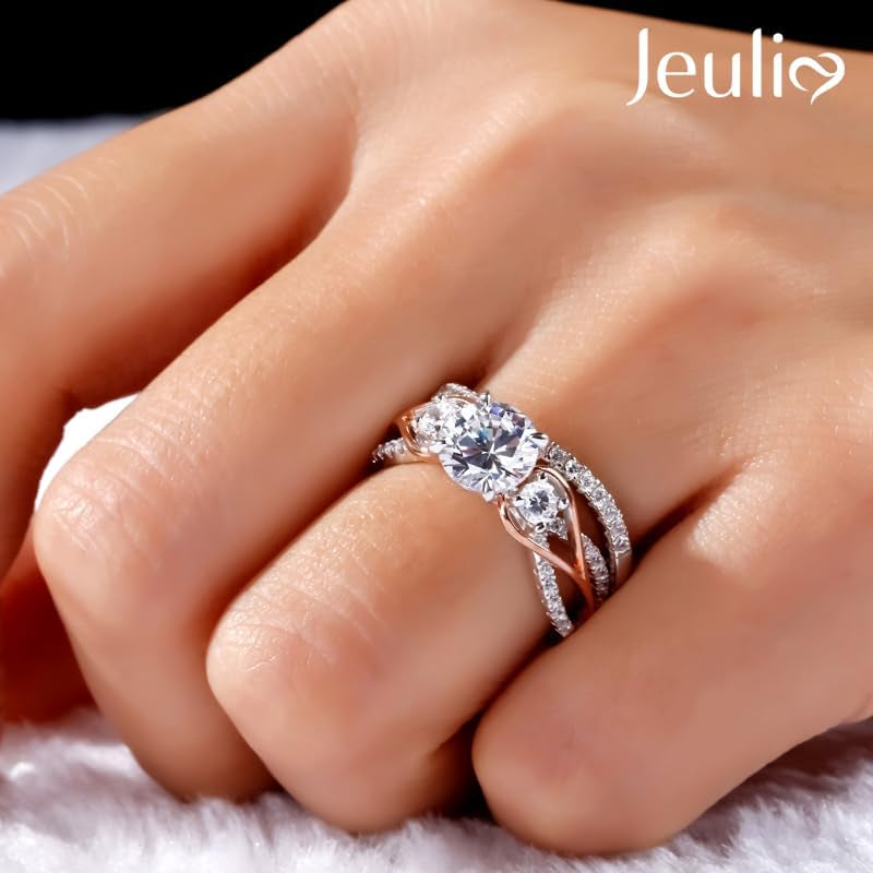 Two-Tone Rose Gold & Sterling Silver Engagement Ring Set – Round Cut Three-Stone Halo Bridal, Promise & Anniversary Rings for Women with Gift Box