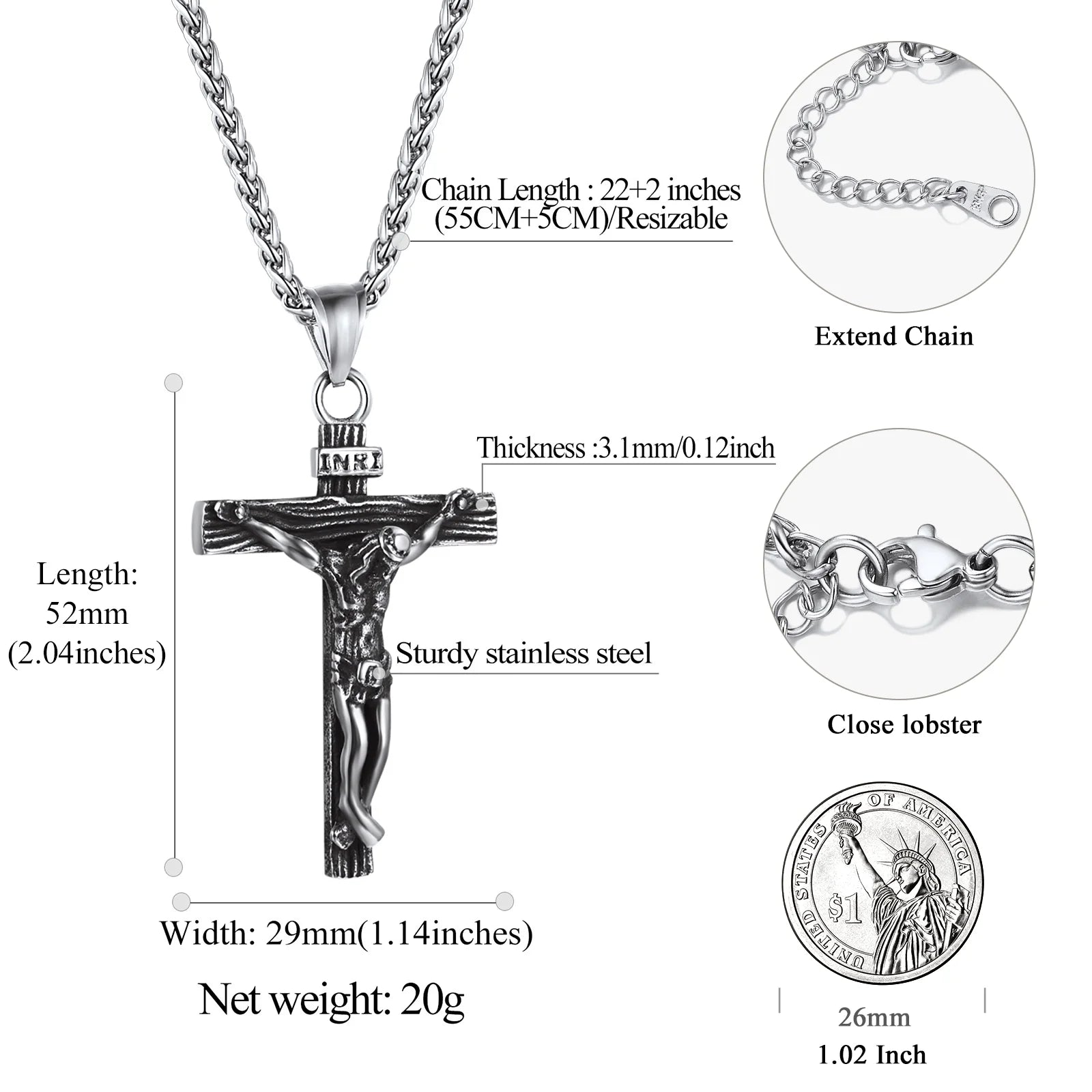 Men’s Stainless Steel Cross Necklace – INRI Crucifix Pendant, Religious Jesus Piece Praying Jewelry for Christian Dad, Father’s Day Gift